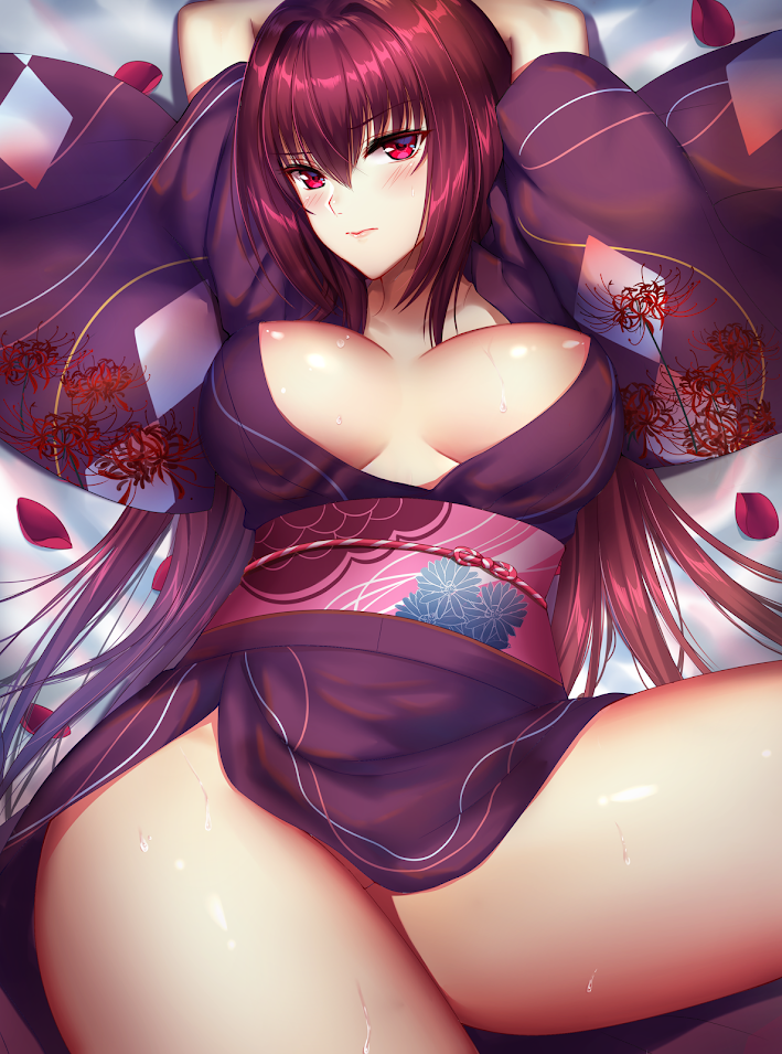 arms_up bad_id bad_pixiv_id bangs bed_sheet blush breasts breasts_apart closed_mouth eyebrows_visible_through_hair fate/grand_order fate_(series) female floral_print hair_between_eyes hair_intakes hip_focus hips kimono large_breasts long_hair long_sleeves lying mallizmora mature mature_female mature_woman meaomao obi on_back petals purple_hair purple_kimono red_eyes red_hair robe sash scathach_(fate) shiny shiny_skin solo sweat thighs very_long_hair wafuku wide_sleeves