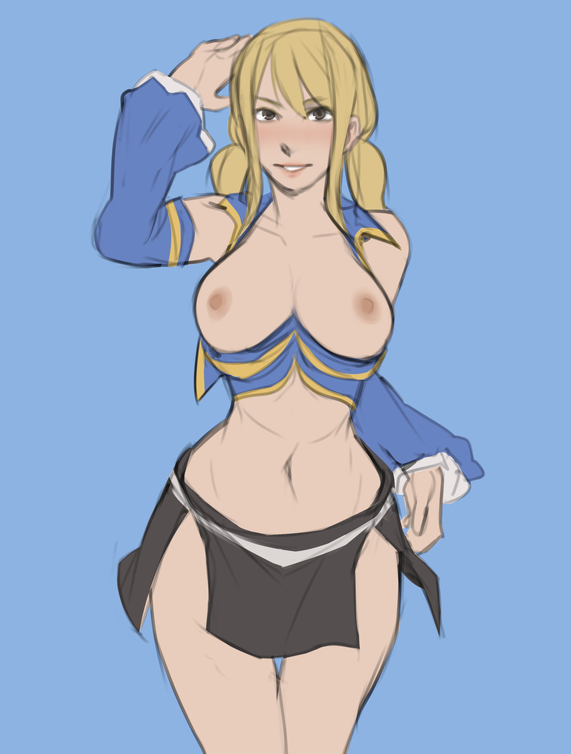 1girls, bare legs, bare midriff, bare thighs, blonde hair, breasts, breasts out, detached sleeves, fairy tail, female, kalruna, large breasts, looking at viewer, lucy heartfilia, midriff, nipples, smile, solo, thighs