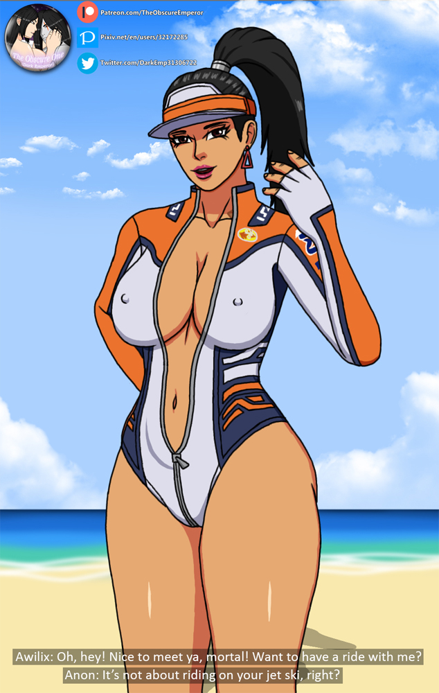 1girls alternate_costume awilix_(smite) beach black_hair breasts brown_eyes cap cleavage dialogue earrings english_text erect_nipples hat large_breasts long_hair mayan_mythology nipple_bulge pokies ponytail smite solo standing summer theobscureone wave_rider_awilix zipper