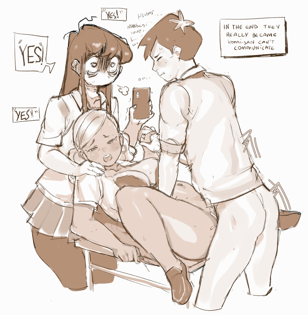 1boy, 2girls, cheating, clothed sex, cuckquean, female, gyaru, human, keigi (artist), komi shouko, komi-san wa komyushou desu, male, manbagi rumiko, monochrome, netorare, no color, sex, sketch, skirt, straight, tadano hitohito, text