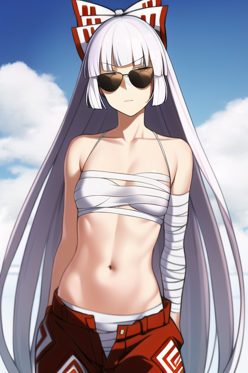 ai_generated bandage bandage_bra fujiwara_no_mokou nai_diffusion outdoors sarashi self_upload small_breasts solo solo_female stable_diffusion sunglasses tinted_eyewear touhou white_hair