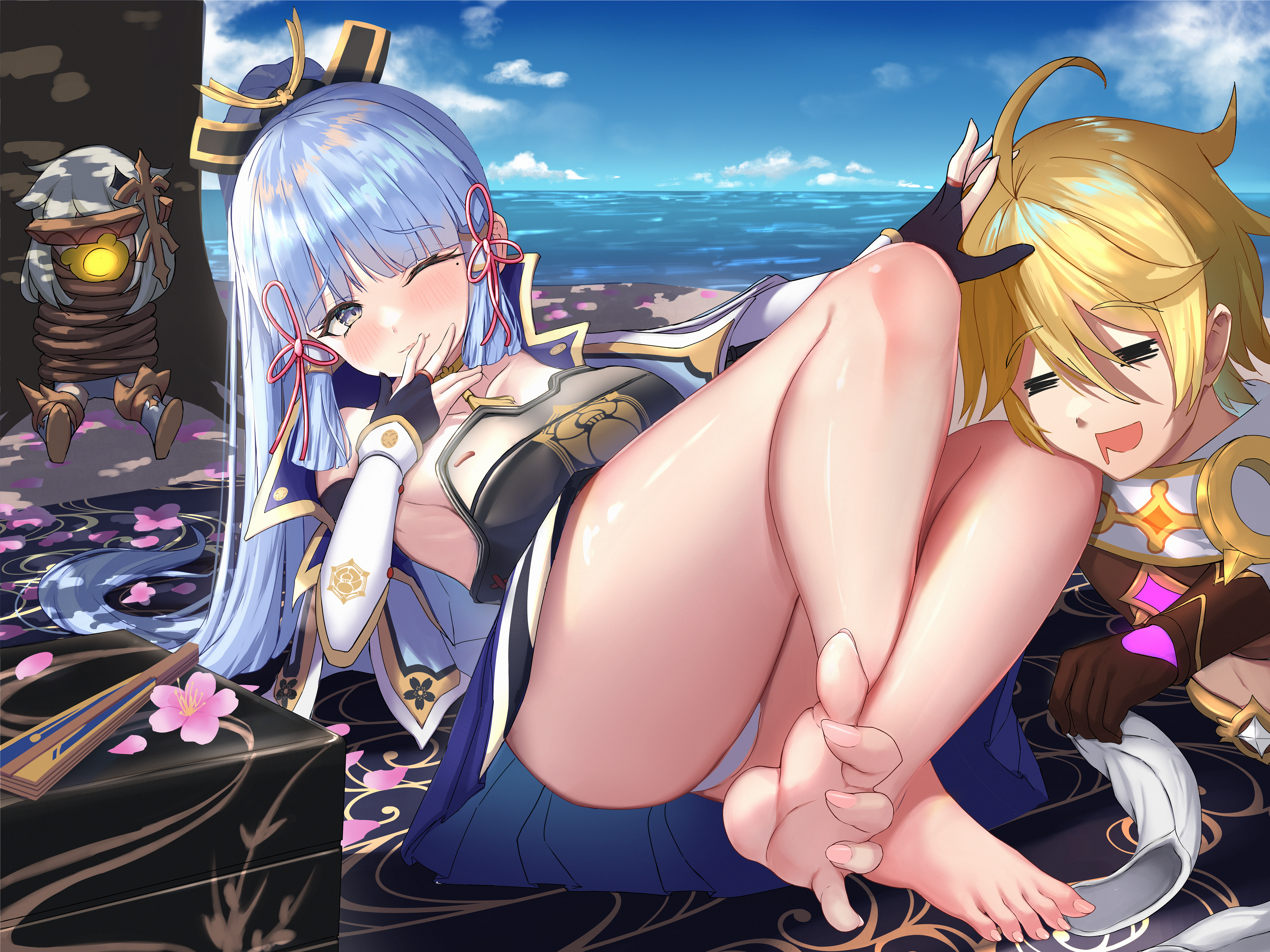1boy, 2girls, absurd res, aether (genshin impact), bare legs, barefoot, blonde hair, blue eyes, blue hair, blush, breastplate, breasts, closed eyes, clothing, cute, dress, drooling, feet, female, genshin impact, hi res, kamisato ayaka, legs, male, one eye closed, paimon (genshin impact), restrained, smile, socks, soles, thighs, tied up, toes, white hair, wink