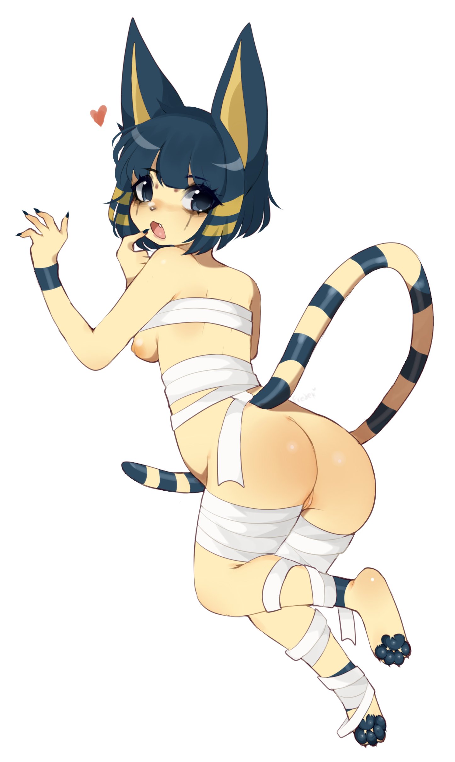 :3, absurd res, animal crossing, ankha, anthro, ass, blush, breasts, digital media (artwork), domestic cat, felid, feline, felis, female, fredek666, fur, genitals, heart, hi res, looking at viewer, looking back, mammal, nintendo, nipples, pussy, shaded, solo, video games, yellow body, yellow fur