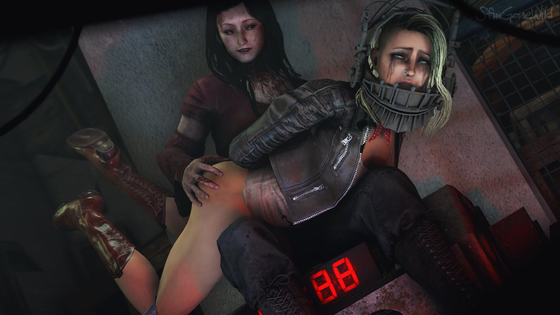 2girls, 3d, 3d (artwork), amanda young, ass, big ass, big butt, black hair, blonde hair, blood, blue eyes, boots, bottomless, captured, crossover, crying, dbd, dead by daylight, defeated, female, female only, female/female, forced, hand on ass, inverted bear trap on face, jacket, kate denson, lesbian, long hair, mascara, medium hair, no panties, nose piercing, patreon, piercing, runny makeup, saw (series), sfm, sfmgonewild, spanking, tears, yuri