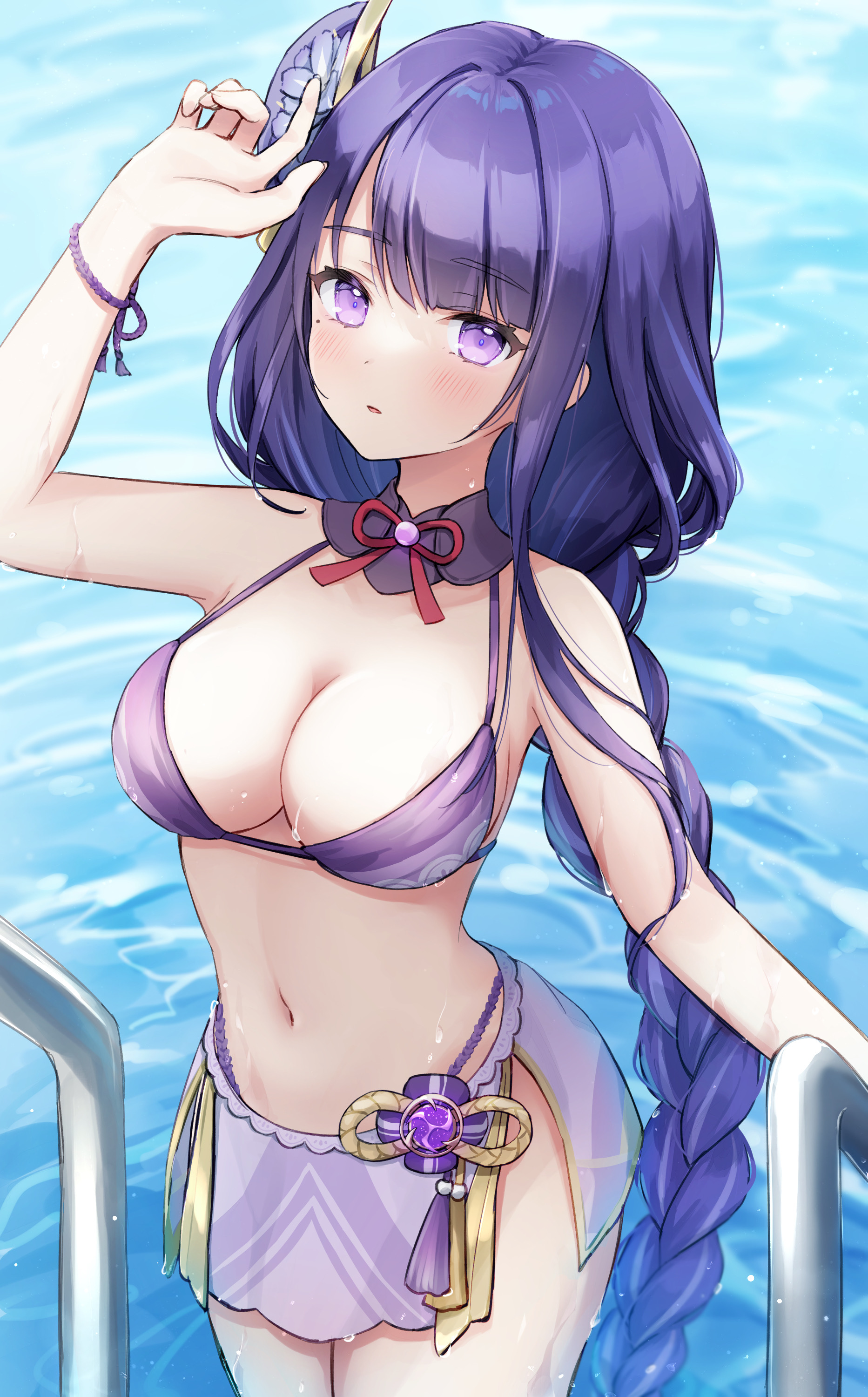 1girls, adapted costume, beauty mark, bikini, breasts, female, genshin impact, groin, large breasts, mole, mole under eye, navel, purple eyes, raiden shogun, revealing clothes, skirt, sn hiyori, swimming, swimwear, thick thighs, thighs