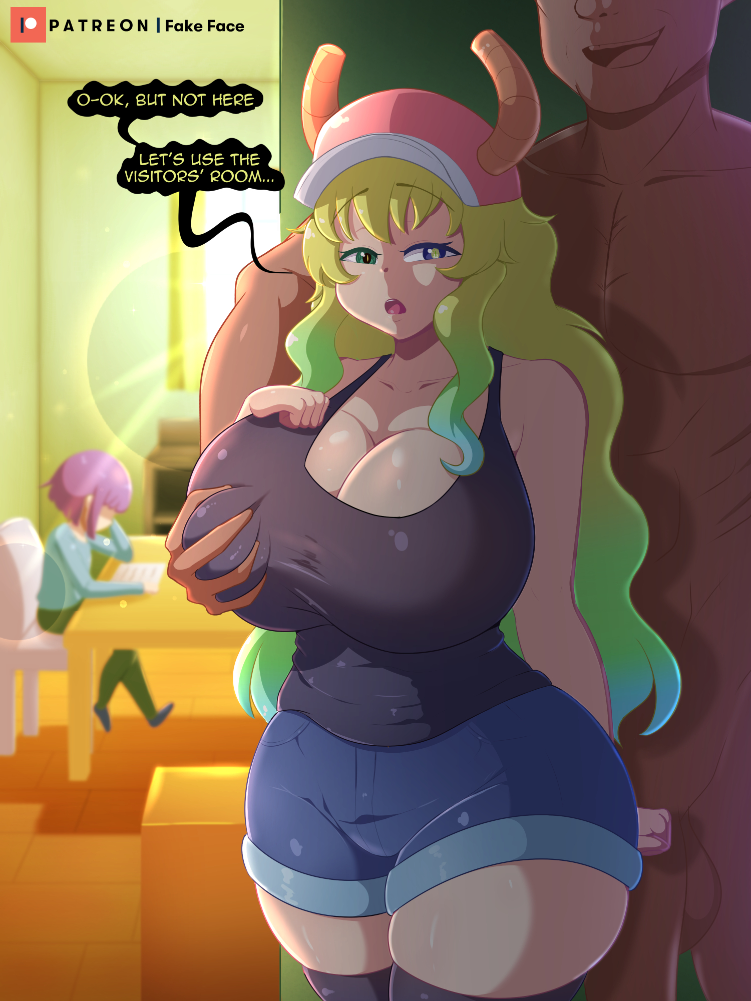 ass, big ass, big breasts, blackmail, breasts, cheating, dialogue, fake face, female, groping, groping from behind, jorts, light skin, light-skinned male, magatsuchi shouta, male, miss kobayashi's dragon maid, netorare, ntr, quetzalcoatl (dragon maid), short shorts, tagme, tank top, thighhighs