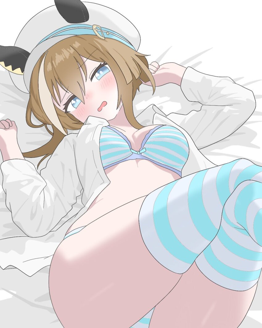 arms at sides, bikini, cheval grand (umamusume), half dressed, striped legwear, striped thighhighs, tagme, tagme (artist), thighhighs, thighs, umamusume, umamusume pretty derby