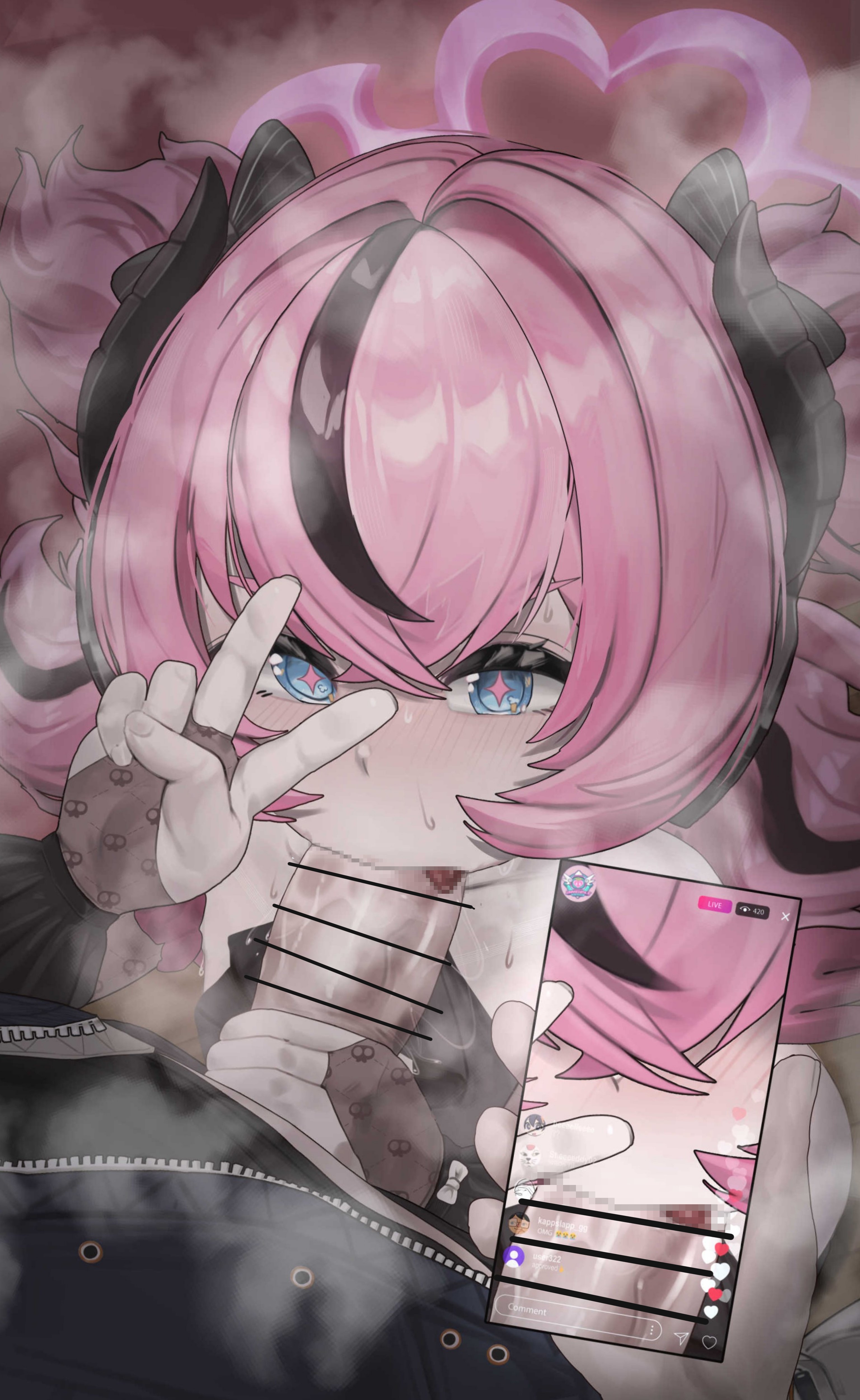 1boy, 1girls, absurd res, android, angels of delusion, aria (discordant note) (zenless zone zero), aria (zenless zone zero), aria (zenless zone zero) (human form), bar censor, big penis, blowjob, blowjob face, censored, color, drawing, fellatio, highres, holding, horny female, hoyoverse, idol, instagram, livestream, long hair, male pov, mihoyo, oral, oral sex, osukareen, peace sign, pleasure face, pov, recording, saliva, saliva trail, short hair, smartphone, streaming, sweat, wise (zenless zone zero), zenless zone zero