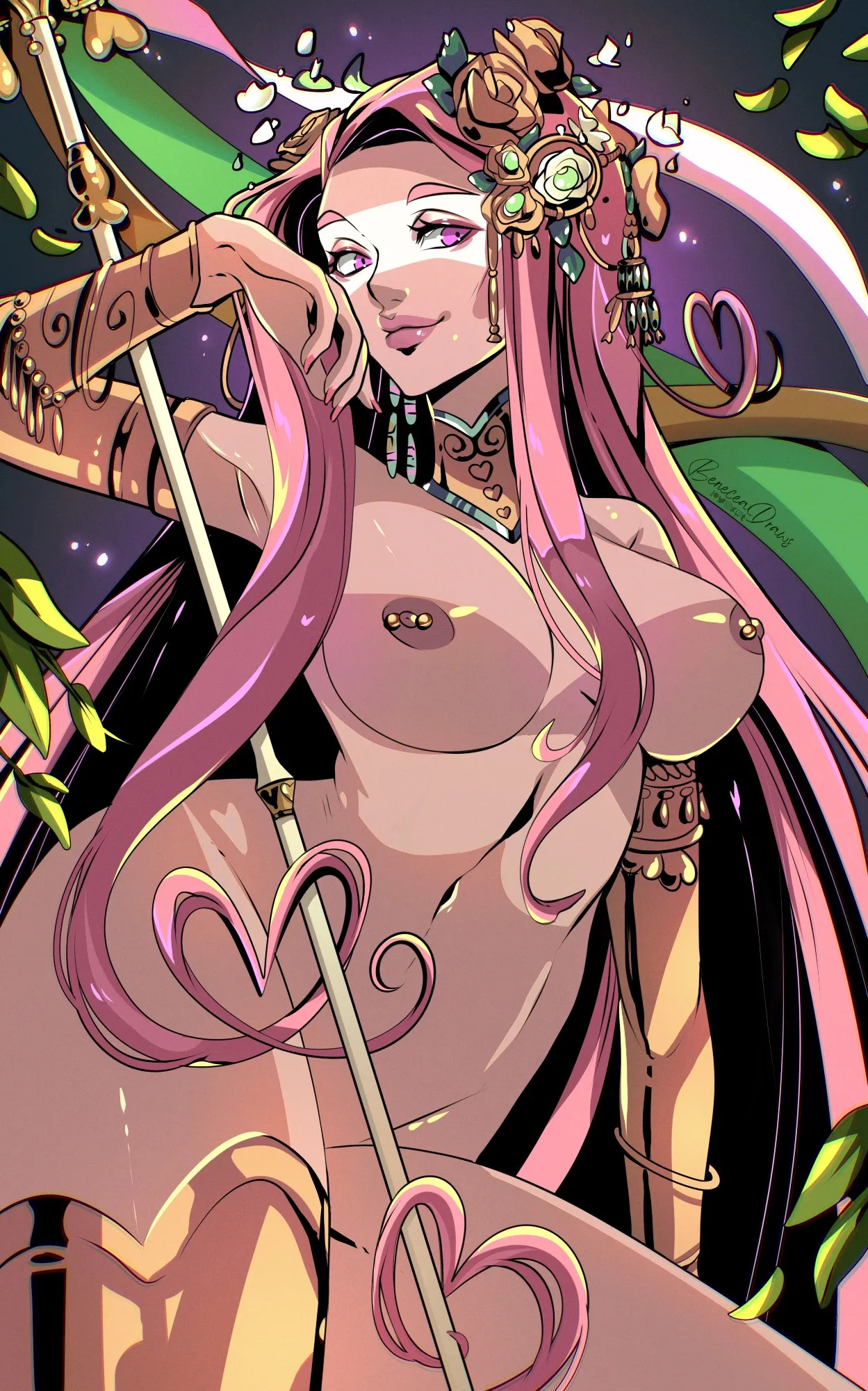 aphrodite (hades), beneceadraws, female, goddess, hades (game), hades 2, naked, nipple piercing, nude, nudist, pierced nipples, pink hair, tagme