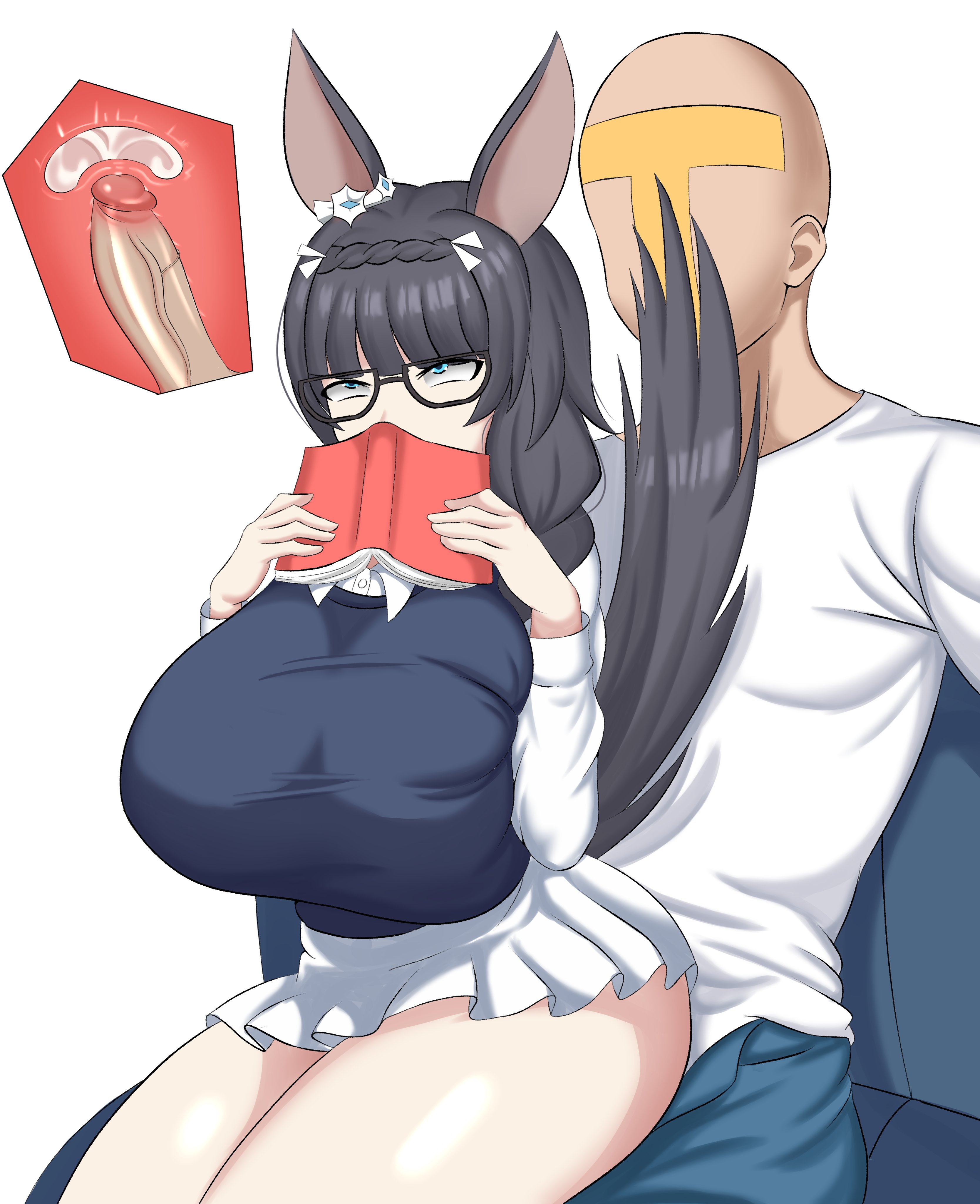 1boy, 1girls, big breasts, black hair, blue eyes, book, braid, clothed, crown braid, cum, cum in uterus, cum inside, female, flower, glasses, hair flower, hair ribbon, hands up, holding object, horse ears, horse girl, horse tail, long hair, male, miki miki, reverse upright straddle, ribbon, tail, trainer (umamusume), umamusume, x-ray, zenno rob roy (umamusume)