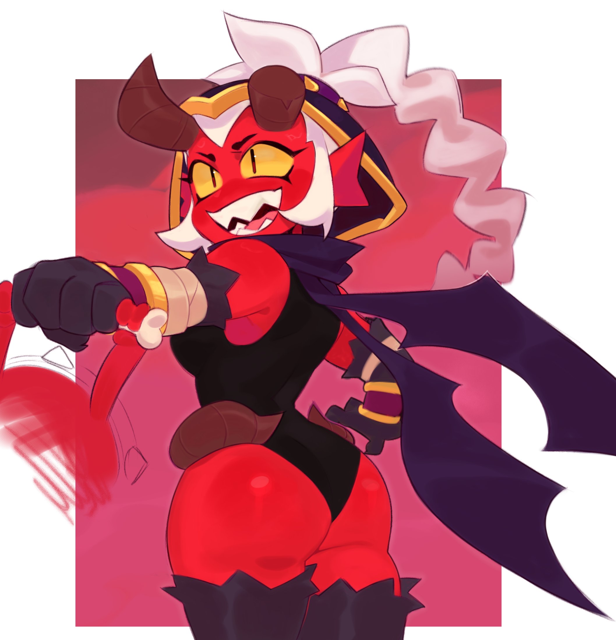 1girls, 2d, ass, ass focus, back view, big ass, bodysuit, braid, brawl stars, breasts, broken horn, clothed, clothed female, clothing, demon, demon girl, demon horns, demon willow (brawl stars), female, female focus, female only, hood, horns, red body, red skin, scarf, sharp teeth, sleepy conito, sleeveless, solo female, solo focus, thick ass, thick hips, thick legs, thick thighs, thighhighs, thighs, white hair, willow (brawl stars), yellow eyes, yellow sclera