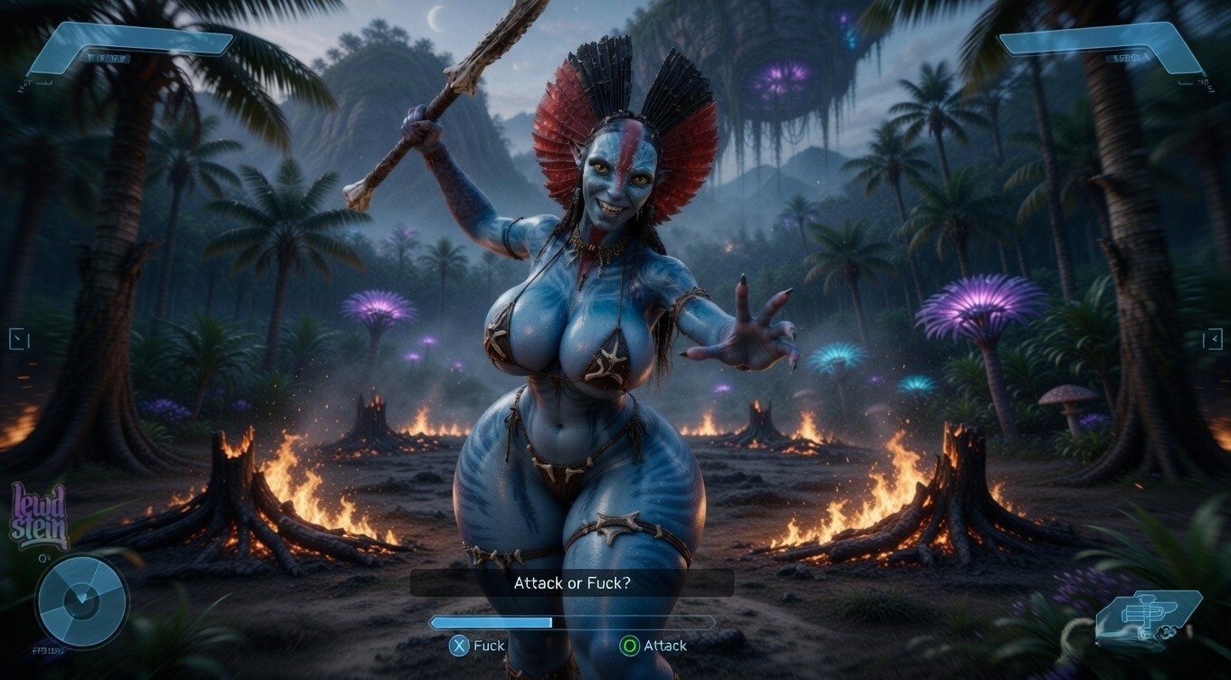 3d, 3d (artwork), ai assisted, ai generated, alien, alien girl, alien humanoid, athletic, athletic female, avatar, avatar: fire and ash, bandeau, barely clothed, barely contained, beautiful, big ass, bikini, bikini top, black hair, blue skin, bottom heavy, braids, crazy eyes, curvy, evil grin, face paint, fangs, female only, fight, fighting stance, fire, front view, halo (game), halo (series), hand on hip, headwear, high quality, high resolution, highres, hourglass figure, hourglass figured female, huge ass, james cameron's avatar, jewelry, large ass, leather, lewdstein, loincloth, long hair, looking at viewer, micro bikini, na'vi, oiled, oiled skin, parody, playstation, pointy ears, red headwear, revealing clothes, seductive, skimpy, skimpy bikini, smoke, spear, straps, string bikini, string panties, stripes, suggestive, thick thighs, thighs, toned, tribal, tribal clothing, varang, varang (avatar), voluptuous, wasp waist
