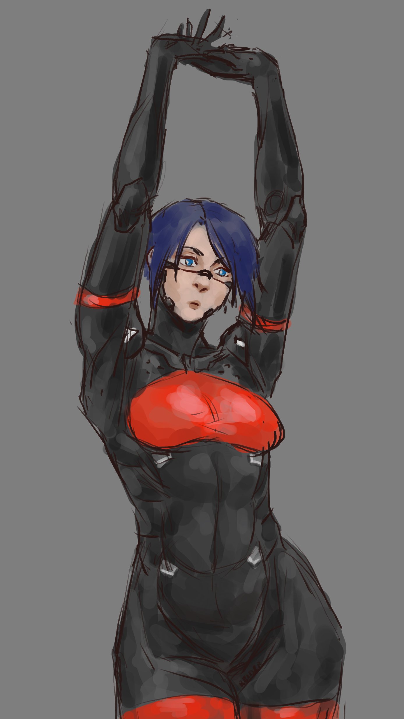 1girls, abs, android, android girl, biomechanical, black body, blue eyes, blue hair, elster (signalis), female, highres, nonsexual, pose, reidergal, signalis, stretching, thighs, tummy, wide hips