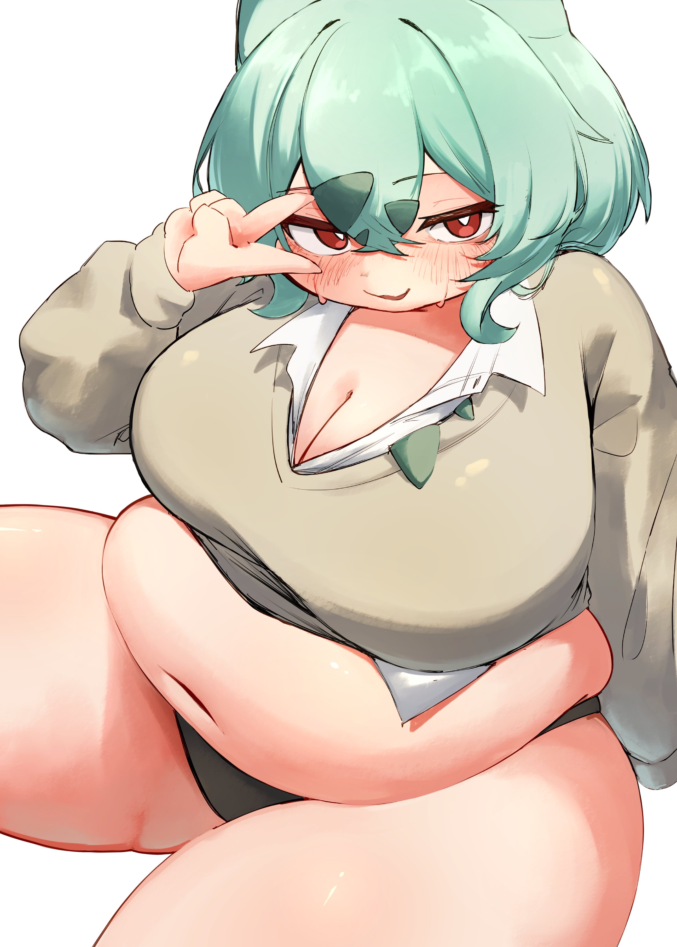 1girls, blush, breasts, bulbasaur, fat, fat female, female, female only, fushigidane, gyaru bulbasaur, gyaru bulbasaur (shin no tenpii), gyaru fushigidane, gyaru fushigidane (shin no tenpii), huge breasts, large belly, mesugaki, obese, overweight, overweight female, poco a pokemon, pokemon, pokemon (species), pokemon pokopia, pokopia, thick thighs, v, wide hips