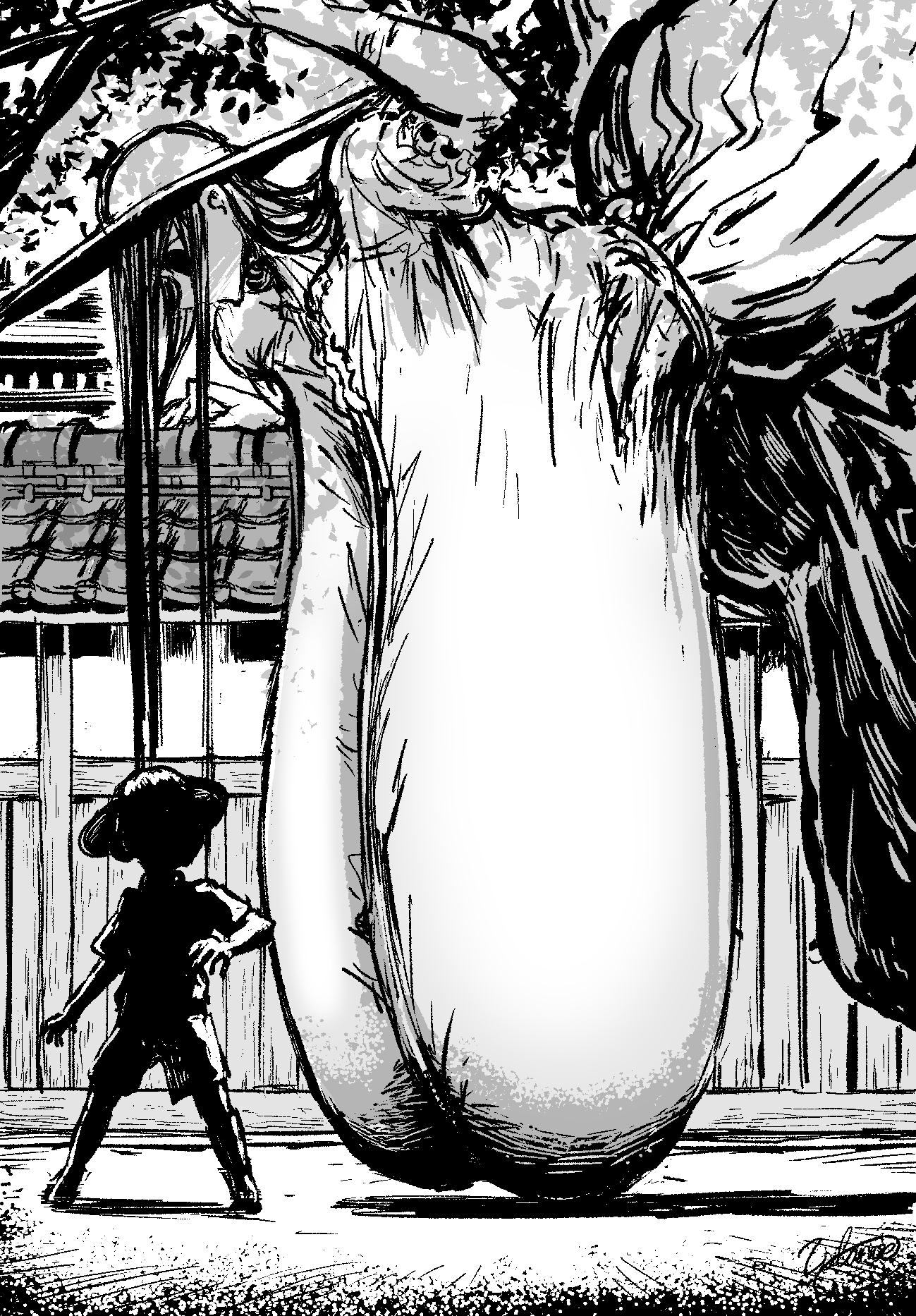 1boy, 1female, 1girls, ass, bent over, big ass, big breasts, breasts, casual hyper, dress, enormous breasts, female, gargantuan breasts, giant, giantess, gigantic breasts, ginormous breasts, hanging breasts, hasshaku-sama, hat, huge breasts, humongous breasts, hyper, hyper breasts, japanese urban legends, long breasts, long hair, looking at another, monochrome, outdoors, size difference, sun hat, thick, thick ass, thick thighs, thighs, tits, voluptuous, voluptuous female, vulanve, wide hips