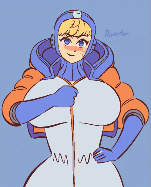 1boy, 1girls, about to burst, animated, apex legends, barely contained, barely contained breasts, barely fits, blonde hair, breasts, breasts too big, bursting breasts, dynoxter, huge breasts, nipples, oral, oral sex, sex, tight fit, too tight, undersized clothes, undersized clothing, unzipped, unzipped bodysuit, wattson (apex legends), zipper