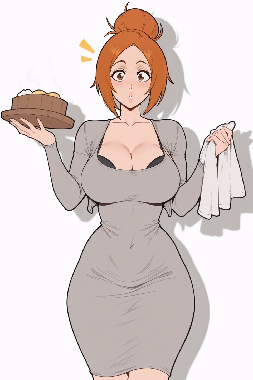 age progression, aged up, ai assisted, ai generated, belly button, belly button visible through clothing, bleach, bleach: the thousand-year blood war, blush, blushing, bra, bra visible through clothes, brown eyes, brown hair, busty, busty female, busty girl, cleavage, cleavage cutout, cleavage overflow, dress, female, female only, holding food, hourglass figure, hourglass figured female, inoue orihime, large ass, large breasts, looking at viewer, looking surprised, milf, mommy, mommy kink, orange hair, sheath, skirt, slim waist, surprised, surprised expression, tagme, thick thighs, tied hair, tight clothing, tight fit, towel, voluptuous, voluptuous body, voluptuous female, waifuinvoker, white background, wide hips