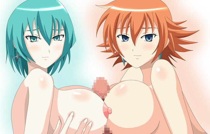 1boy 2girls bakugan_battle_brawlers breasts censored double_paizuri female ffm_threesome light-skinned_female light_skin male mira_clay mylene_pharaoh new_vestroia nipples paizuri prede short_hair tagme threesome titfuck