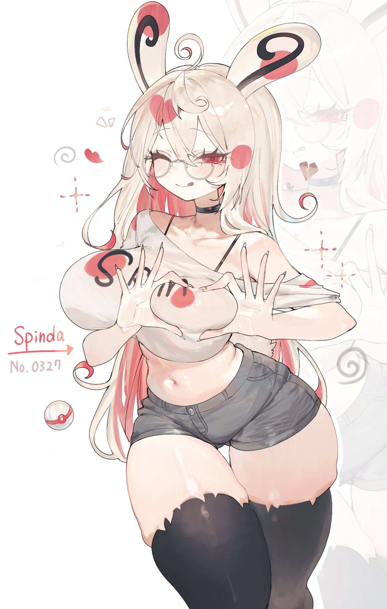 :q, 1girls, ahoge, big breasts, black thighhighs, blush, choker, clothing, english text, eyelashes, female, female only, generation 3 pokemon, glasses, heart hands, hi res, humanized, humanized pokemon, humanoid, long hair, looking at viewer, nintendo, pokegirl, pokemon, pokemon (species), rabbit ears, rabbit girl, red eyes, red hair, smiling, smiling at viewer, solo, spinda, text, thick thighs, thigh squish, thighhighs, toge77789, togetoge, two-tone hair, white hair, wink, winking at viewer