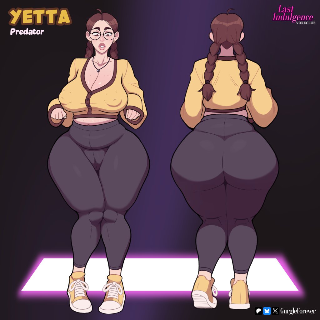 1girls, ahoge, areolae visible through clothing, back view, big ass, big breasts, brunette, buckteeth, cameltoe, character sheet, chubby, chubby female, cleavage, female pred, freckles, front view, fully clothed, glasses, gurgleforever, knees together feet apart, looking down, midriff, mini giantess, nerd, no bra, oc, pear-shaped figure, sfw, sneakers, sprite, tagme, tall female, video games, yetta (gurgleforever), yoga pants