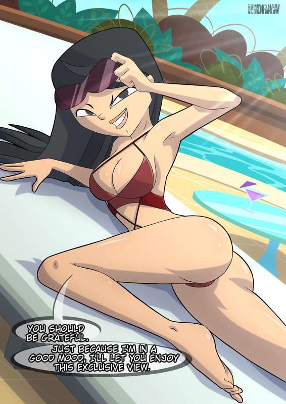 asian female, ass, bikini, black hair, eyewear on head, h1draw, heather (tdi), outdoors, outside, pool, smile, sunglasses, swimsuit, tagme, total drama island