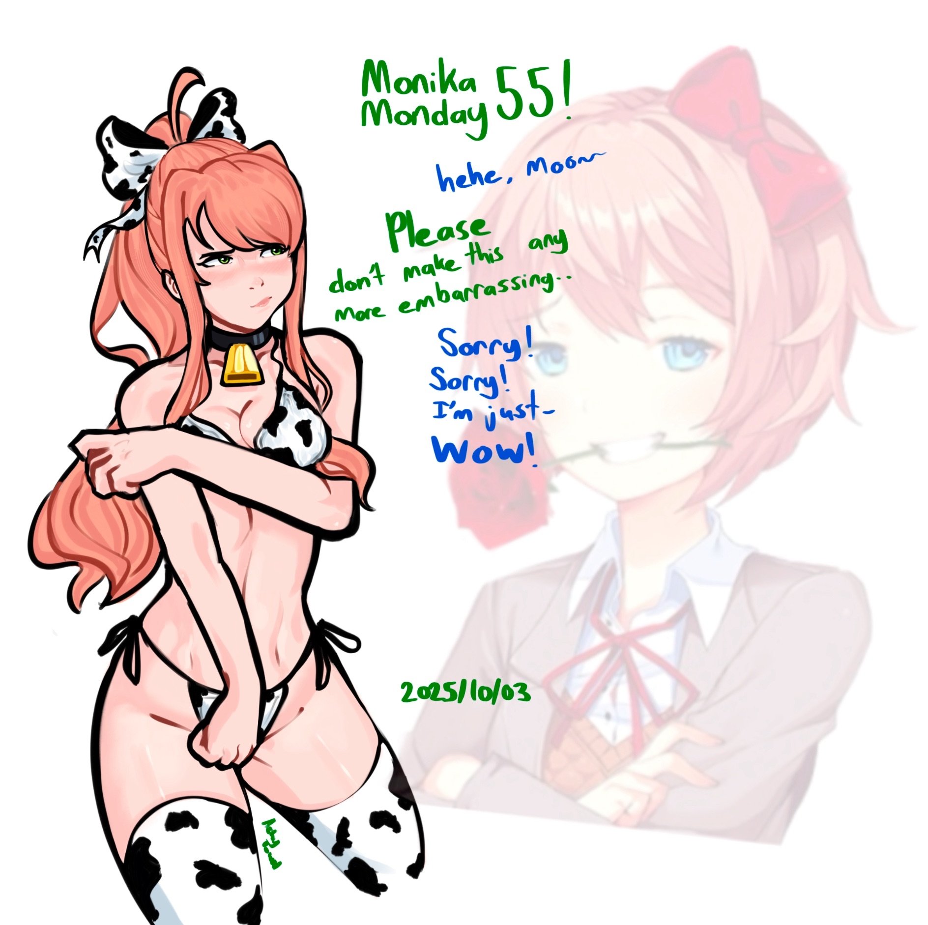 2girls, bell, bikini, breasts, cleavage, collar, cow bikini, cow print, doki doki literature club, embarrassed, embarrassed female, english text, female, female only, monika (doki doki literature club), rose (flower), sayori (doki doki literature club), spicytown, thighhighs, thighs, yuri