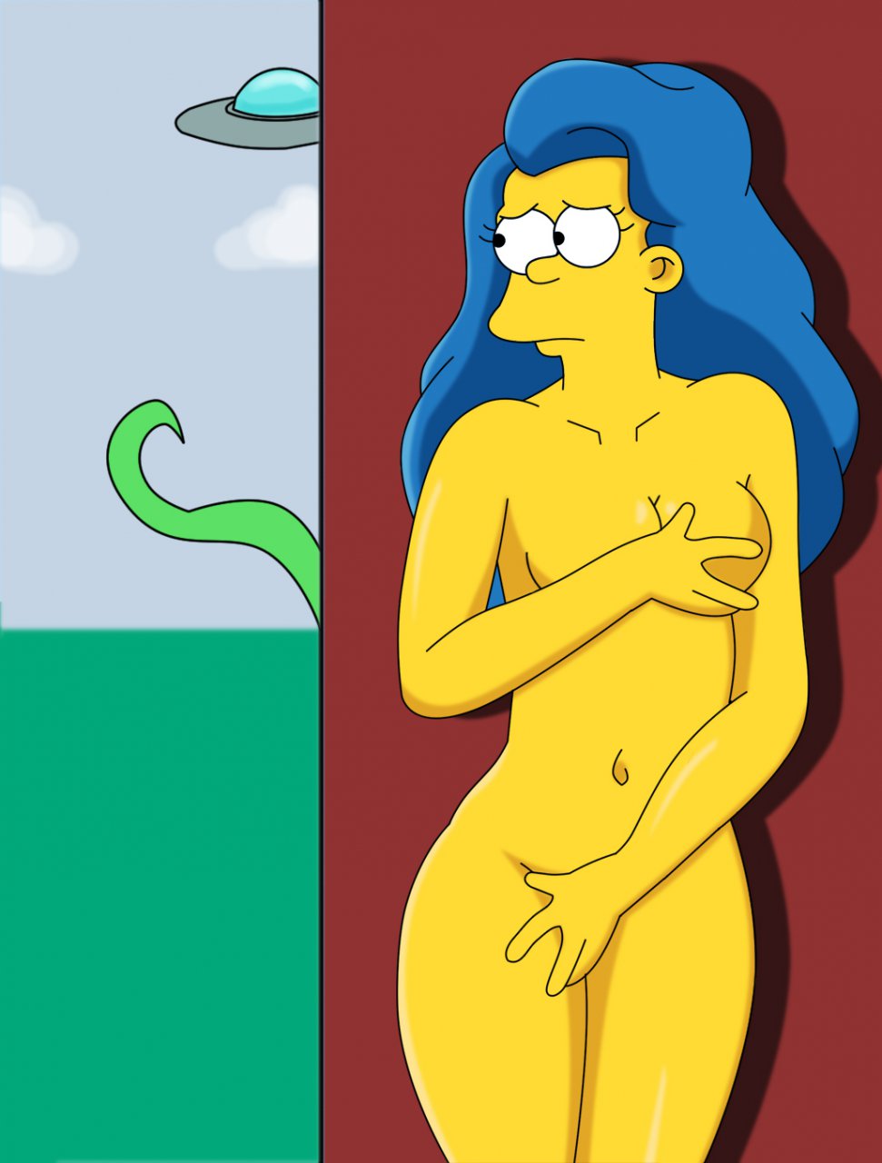 blackangel018 breasts color covering day female female_focus front_view human marge_simpson matt_groening_(style) nude outdoors pervyangel solo solo_focus standing tagme tentacle the_simpsons ufo yellow_skin