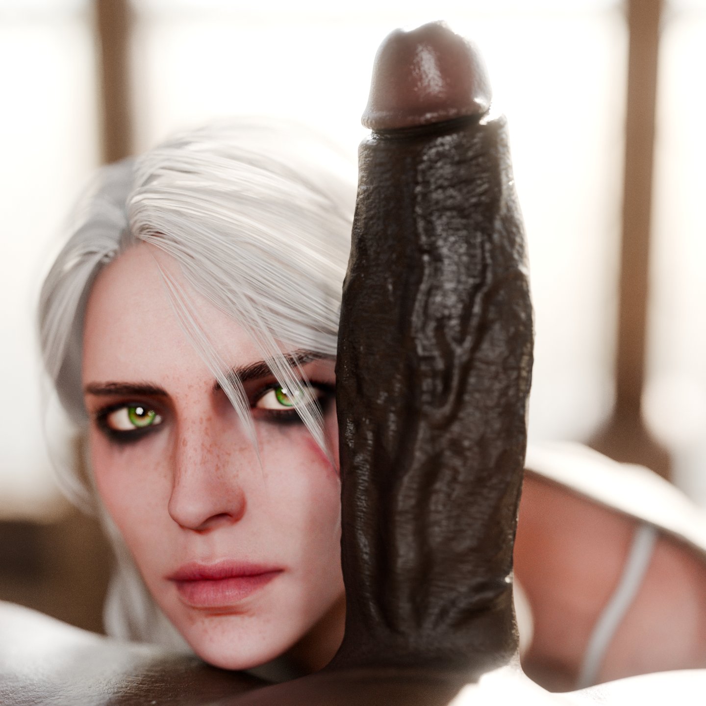 1boy, 1girls, 3d, big penis, cd projekt red, ciri, cock, dark skin, dark-skinned male, derpderp, duo, eye contact, eyeshadow, facial scar, female, green eyes, huge cock, interracial, light skin, light-skinned female, looking at partner, looking at viewer, male, male pov, male/female, penis, pov, pov eye contact, scar, straight, the witcher (series), the witcher 3: wild hunt, veiny penis, white hair