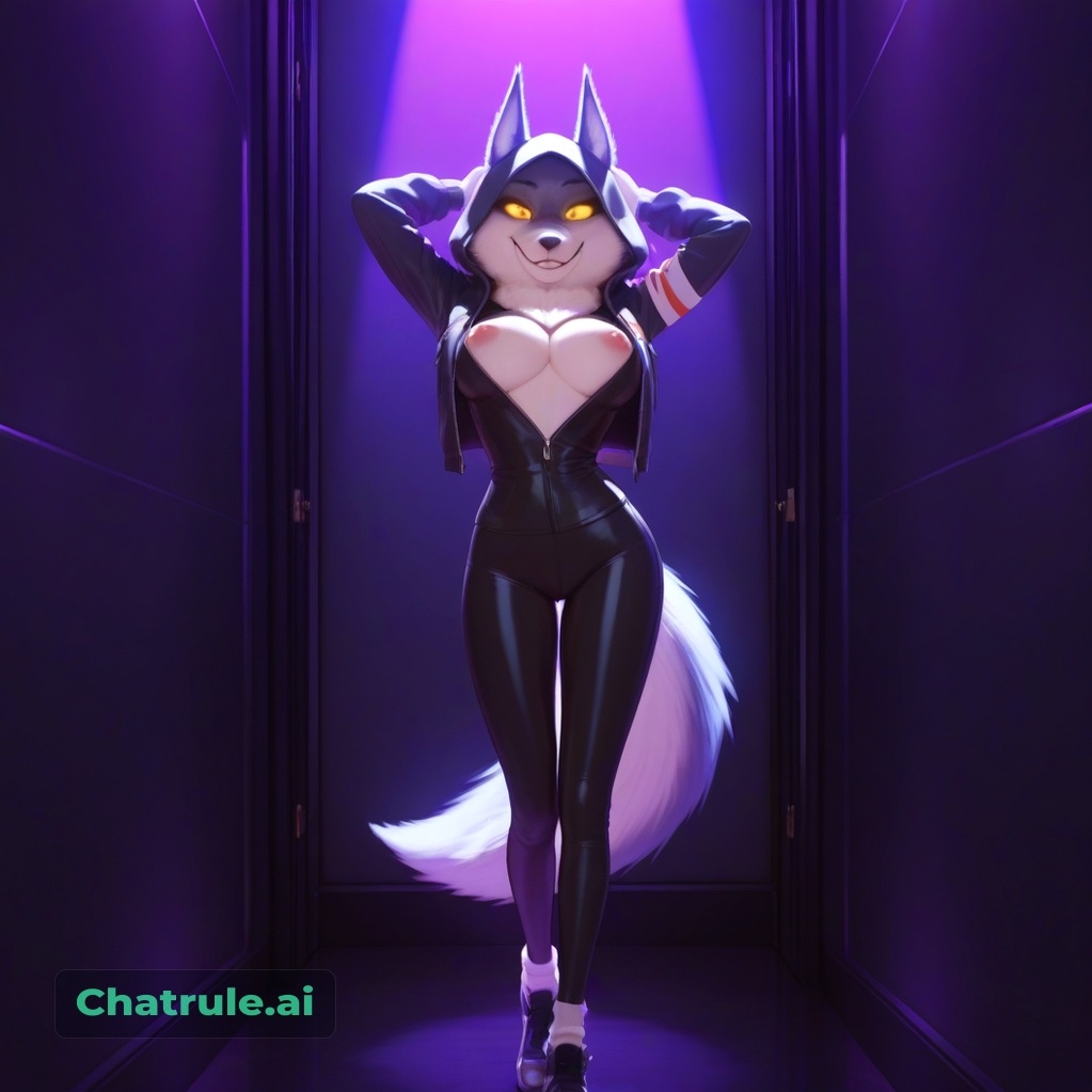 1girl absurd_res ai_assisted ai_generated black_clothing black_leggings devious_grin first_person_perspective hands_above_head hard_nipples hood_up large_breasts lustful perfect_ass porsha_crystal posing_for_viewer seductive standing tight_clothing white_socks wolf_ears wolf_girl wolf_tail yellow_eyes