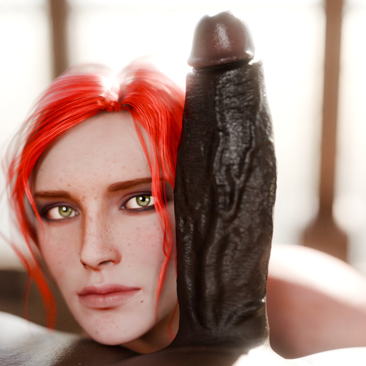 1boy, 1girls, 3d, big penis, cd projekt red, cock, dark skin, dark-skinned male, derpderp, duo, eye contact, female, freckles, freckles on face, green eyes, huge cock, interracial, light skin, light-skinned female, looking at partner, looking at viewer, male, male pov, male/female, penis, pov, pov eye contact, red hair, straight, the witcher (series), the witcher 3: wild hunt, triss merigold, veiny penis
