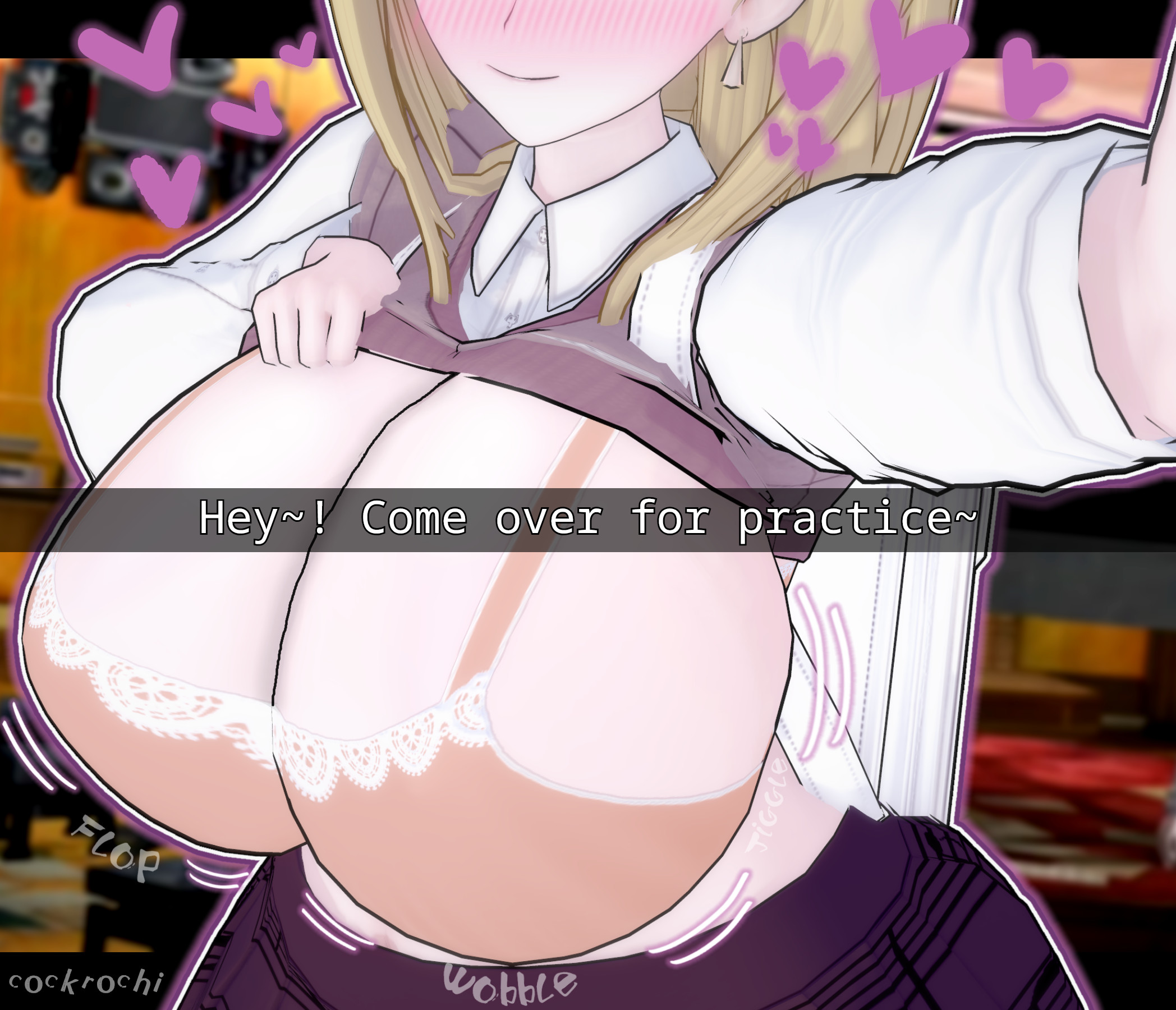 1girls, akamatsu kaede, big breasts, blonde female, blonde hair, blonde-haired female, bra, breasts, breasts out, caption, clothed, clothing, cockrochi, danganronpa, danganronpa v3, exposed breasts, eyes out of frame, female, female focus, female only, flirty, fully clothed, horny, horny female, huge breasts, light skin, light-skinned female, message, onomatopoeia, picture, schoolgirl uniform, selfie, selfie pose, shirt, shirt lift, solo, teasing, teasing viewer, text, wanting sex