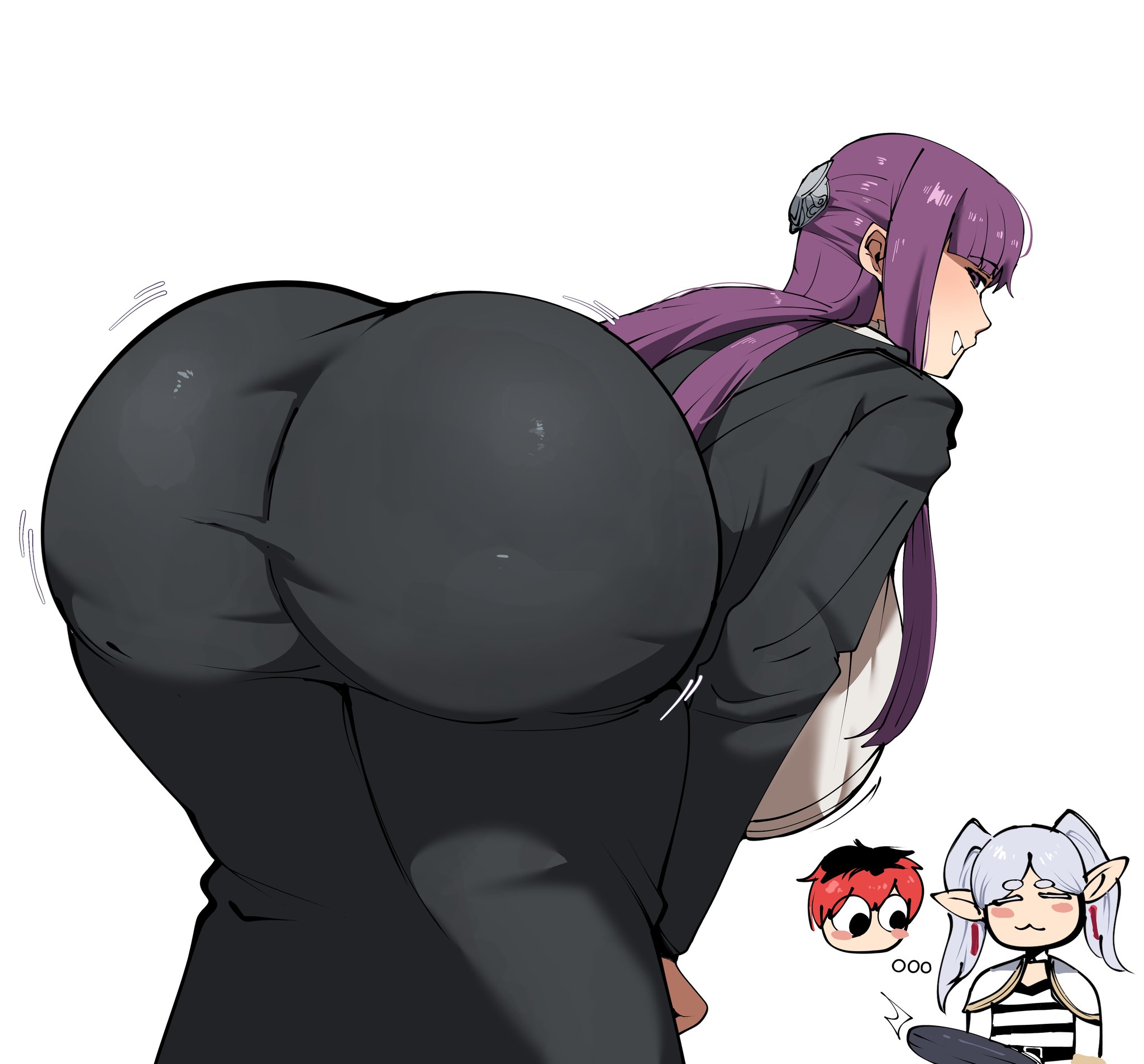 1boy, 2girls, ass, ass in dress, bubble butt, fat ass, female, female focus, fern (sousou no frieren), frieren, frieren beyond journey's end, from behind, futanari, huge ass, huge breasts, long hair, purple hair, shinhyunxi, smile, solo focus, sousou no frieren, stark (sousou no frieren), thick ass