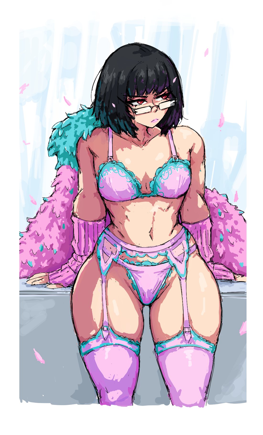alriune, black hair, e.g.o (project moon), glasses, huge thighs, library of ruina, light-skinned female, limbus company, lingerie, lipstick, littleteze, multicolored clothing, possessed, possession, project moon, red eyes, ryoshu (limbus company)