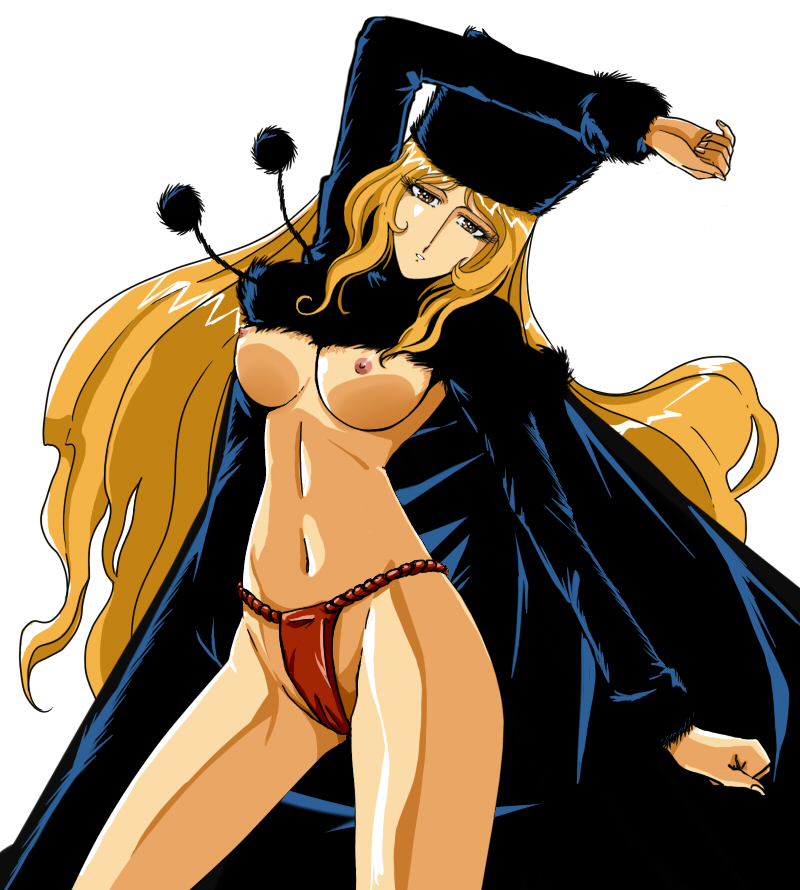 1girls 2010 blonde_hair breasts brown_eyes cape female fundoshi galaxy_express_999 hat kanai_makoto_(kanaman7) large_breasts leijiverse light-skinned_female light_skin long_hair looking_at_viewer maetel midriff navel nipples pointy_chin simple_background small_nipples solo very_long_hair