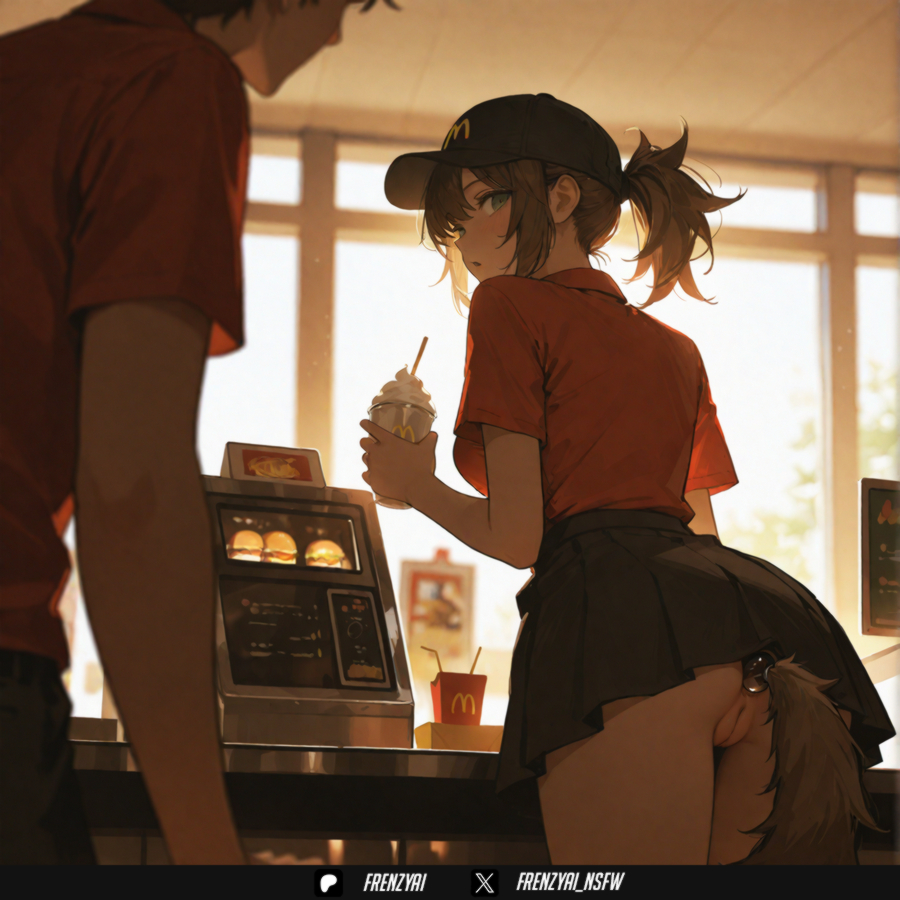 1boy, ai generated, anal, anal object insertion, anal tail, artist name, ass, bangs, baseball cap, black headwear, black skirt, blurry, blurry background, blush, breasts, brown hair, butt plug, counter, cowboy shot, cup, day, depth of field, disposable cup, drinking straw, english text, fake tail, female, food, frenzyai, from behind, green eyes, hat, holding, indoors, leaning forward, looking at another, looking at viewer, looking back, mcdonald's, medium breasts, miniskirt, no panties, object insertion, open mouth, original, pants, pleated skirt, ponytail, pussy, red shirt, sex toy, shirt, short hair, short ponytail, short sleeves, sidelocks, skirt, solo focus, standing, straight, tail, uncensored, window