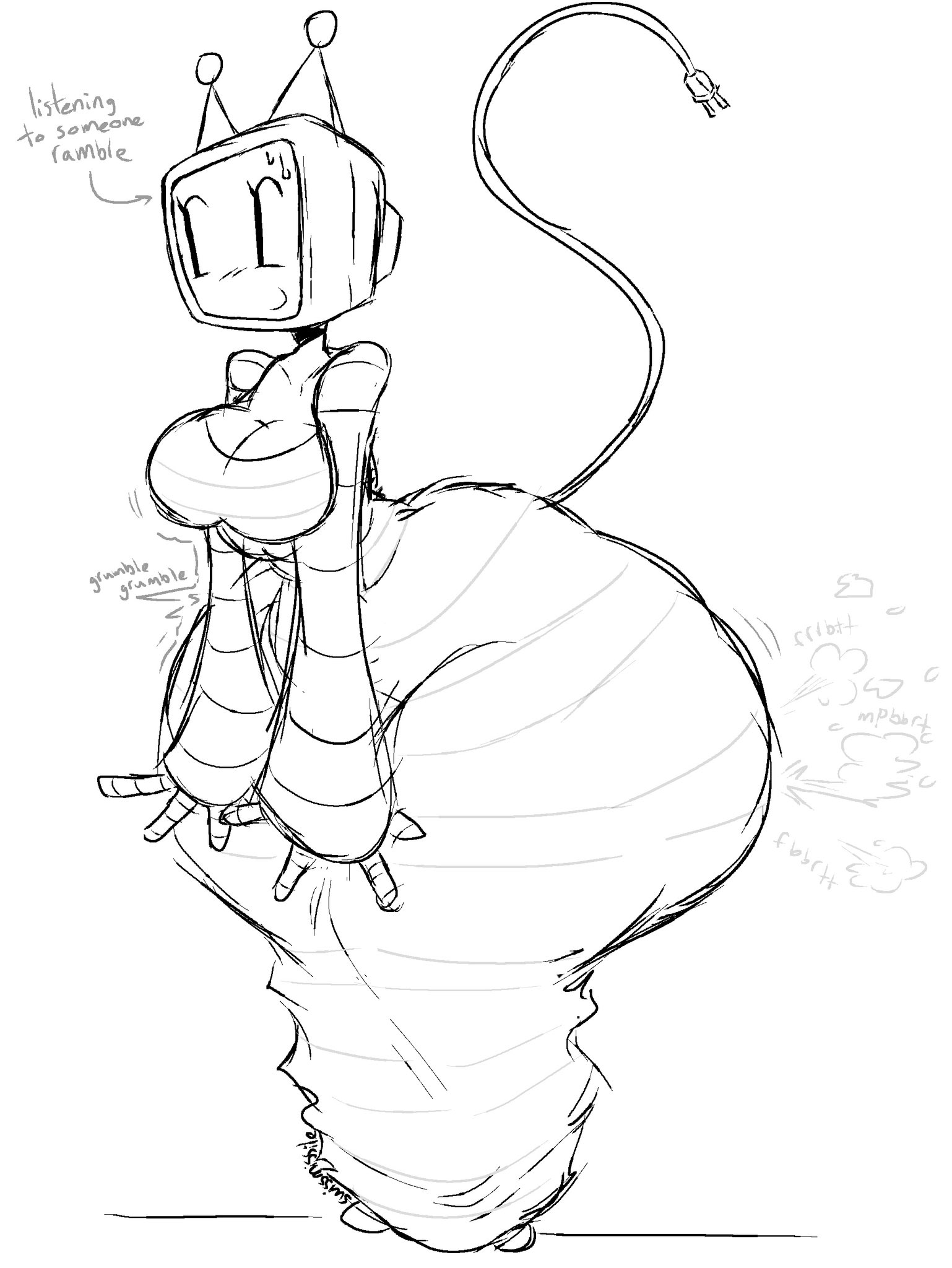 1girls, 1robot, 1robot furry, ass bigger than head, ass bigger than torso, big ass, big breasts, big hips, big thighs, bowel sounds, clothed, clothed female, dumptruck ass, dumptruck butt, english text, fart, fart cloud, fart fetish, farting, farts, female, gassy, gassy ass, gigantic ass, hips, hips wider than shoulders, huge ass, huge thighs, hyper ass, hyper thighs, imminent fart, large ass, monochrome, oc, robot, robot anthro, stomach noises, sweatdrop, sweating, thick, thick hips, thick thighs, thighs, thighs bigger than head, tiki sep, tv head, tv head robot