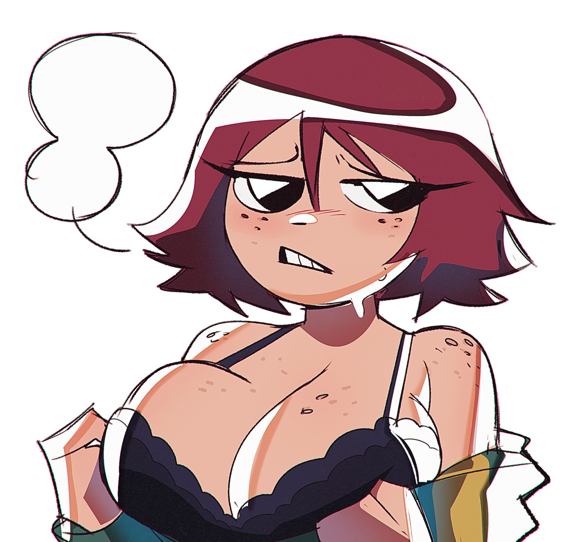1girls, artiah669, auburn hair, big breasts, breasts, breasts bigger than head, breasts out, busty, busty female, cleavage, cleavage cutout, cleavage overflow, female, female focus, female only, fleshpie669, freckles, huge breasts, kim pine, large breasts, light skin, light-skinned female, looking away, removing clothing, scott pilgrim, solo, taking clothes off, tits bigger than head, tits out, white background