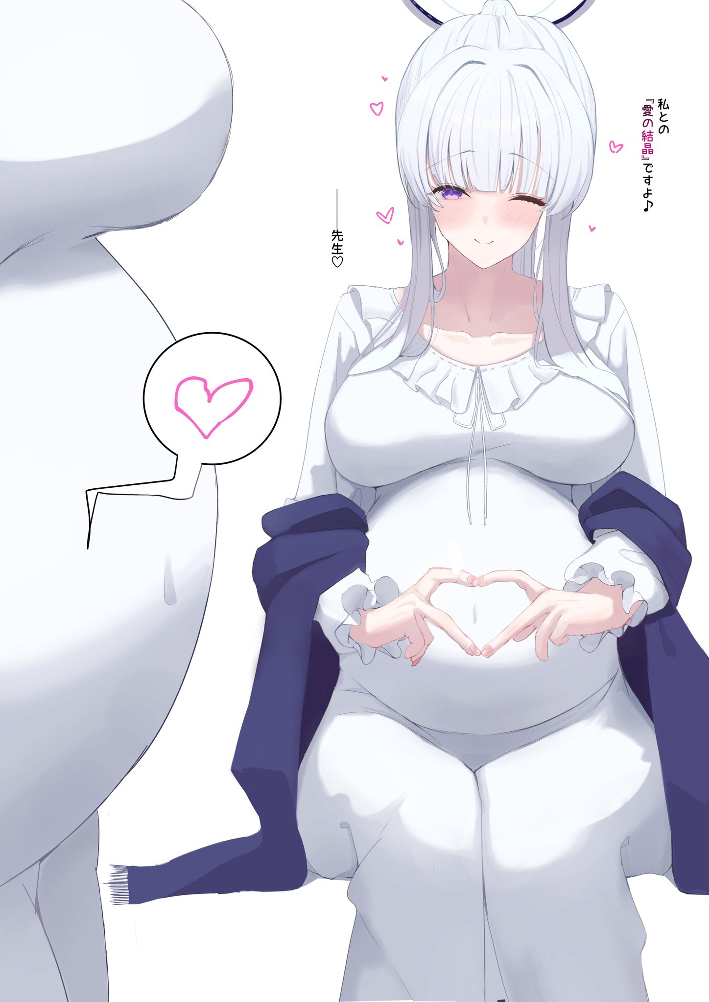big breasts, blue archive, dress, female, female only, fully clothed, halo, heart hands, long hair, maternity clothes, maternity dress, nightgown, noa (blue archive), one eye closed, pale skin, pale-skinned female, ponytail, pregnant, purple eyes, smile, solo, very long hair, white hair, wholesome, wink