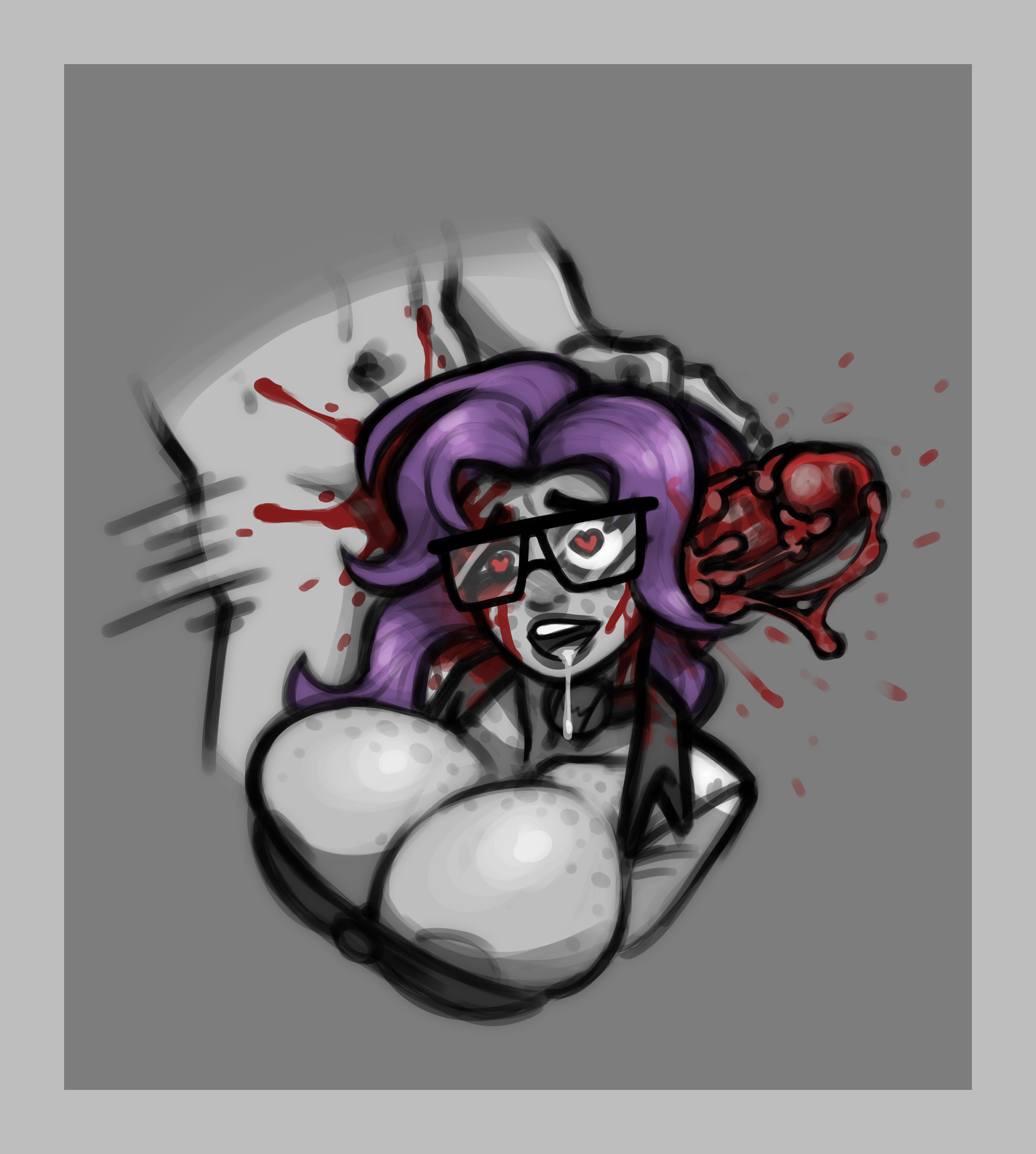 1boy, 1girls, areola slip, blood, braces, breasts, cleavage, clothing, cropped torso, death, drooling, ear penetration, female, female death, gore, guro, gurochanop, heart-shaped pupils, huge breasts, male, medium hair, monochrome, open mouth, penis, pleasure face, purple hair, sex, skull flossing, smile, snuff, straight, upper body