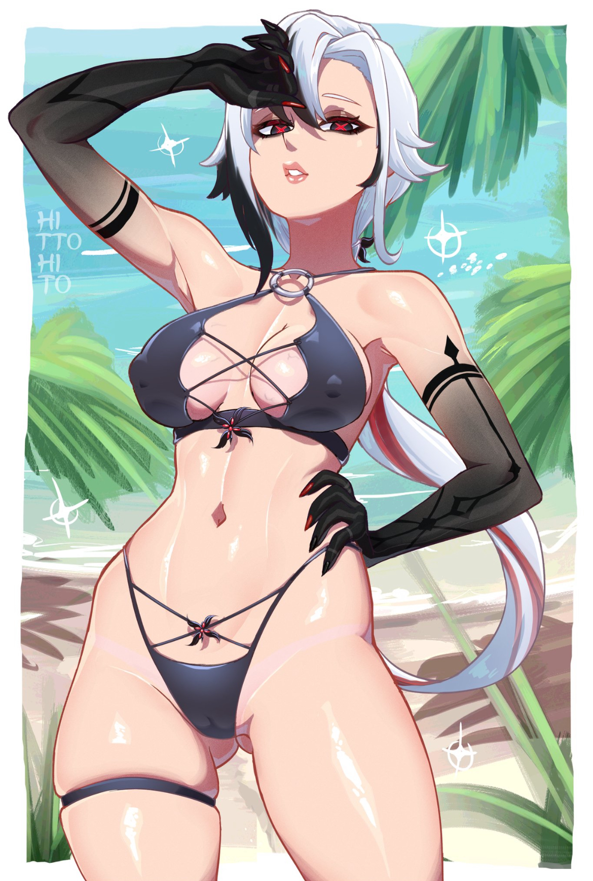 arlecchino (genshin impact), ass, ass visible through thighs, beach, big ass, bikini, breasts, cameltoe, curvy female, genshin impact, hand on hip, hitto hito, juicy lips, midriff, nipple bulge, thick thighs, white hair, wide hips, x eyes