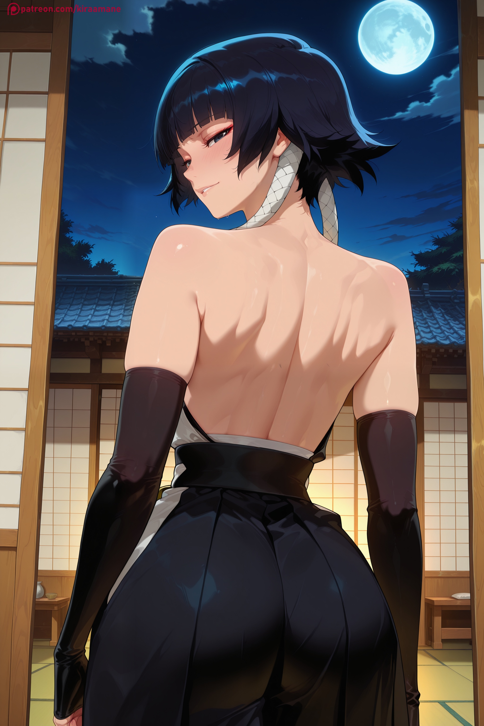 1girls, ai generated, ass, back, bangs, bare back, bare shoulders, black gloves, black hair, bleach, elbow gloves, female, female only, from behind, full moon, gloves, hi res, high quality, high resolution, japanese clothes, kiraamane, looking at viewer, looking back, moon, night, night sky, patreon, seductive, sexy, shouji, shoulder blades, sky, sliding doors, soifon, solo, sui-feng, uncensored, watermark