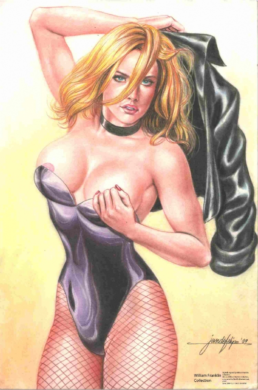 1girls 2009 black_canary blonde_hair blue_eyes choker dc female fishnets green_arrow_(series) jun_de_felipe long_hair looking_at_viewer solo