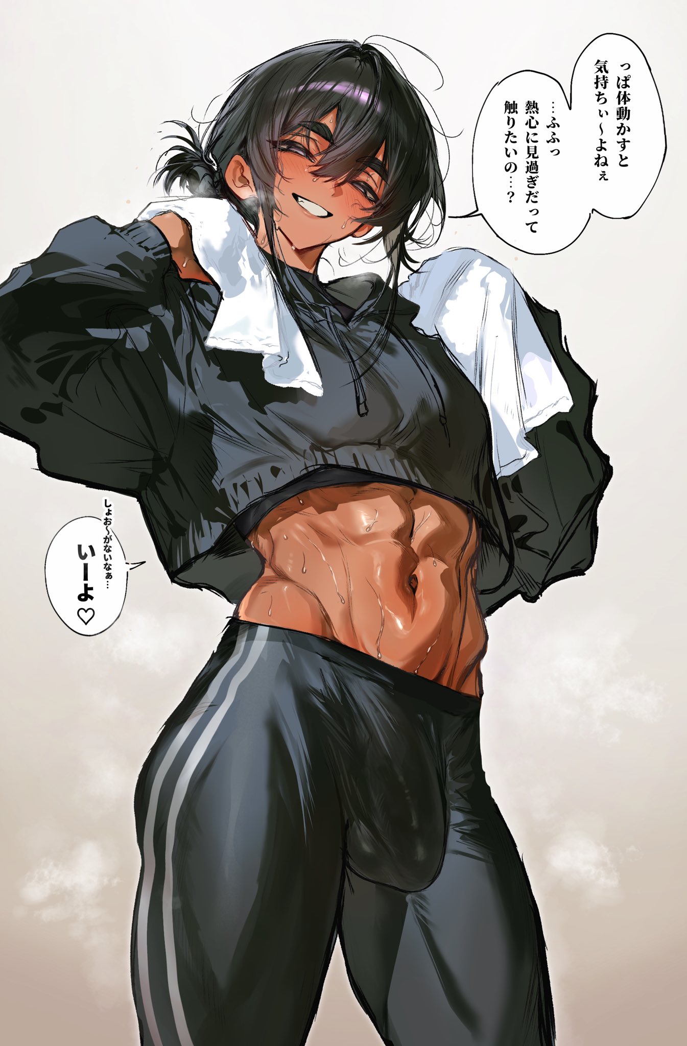 black hair, bulge, dark skin, dark-skinned femboy, dark-skinned male, dark-skinned sissy, femboy, heavy breathing, lihayato, magami roushi (lihayato), original character, short hair, sportswear, sweat, sweating, twink