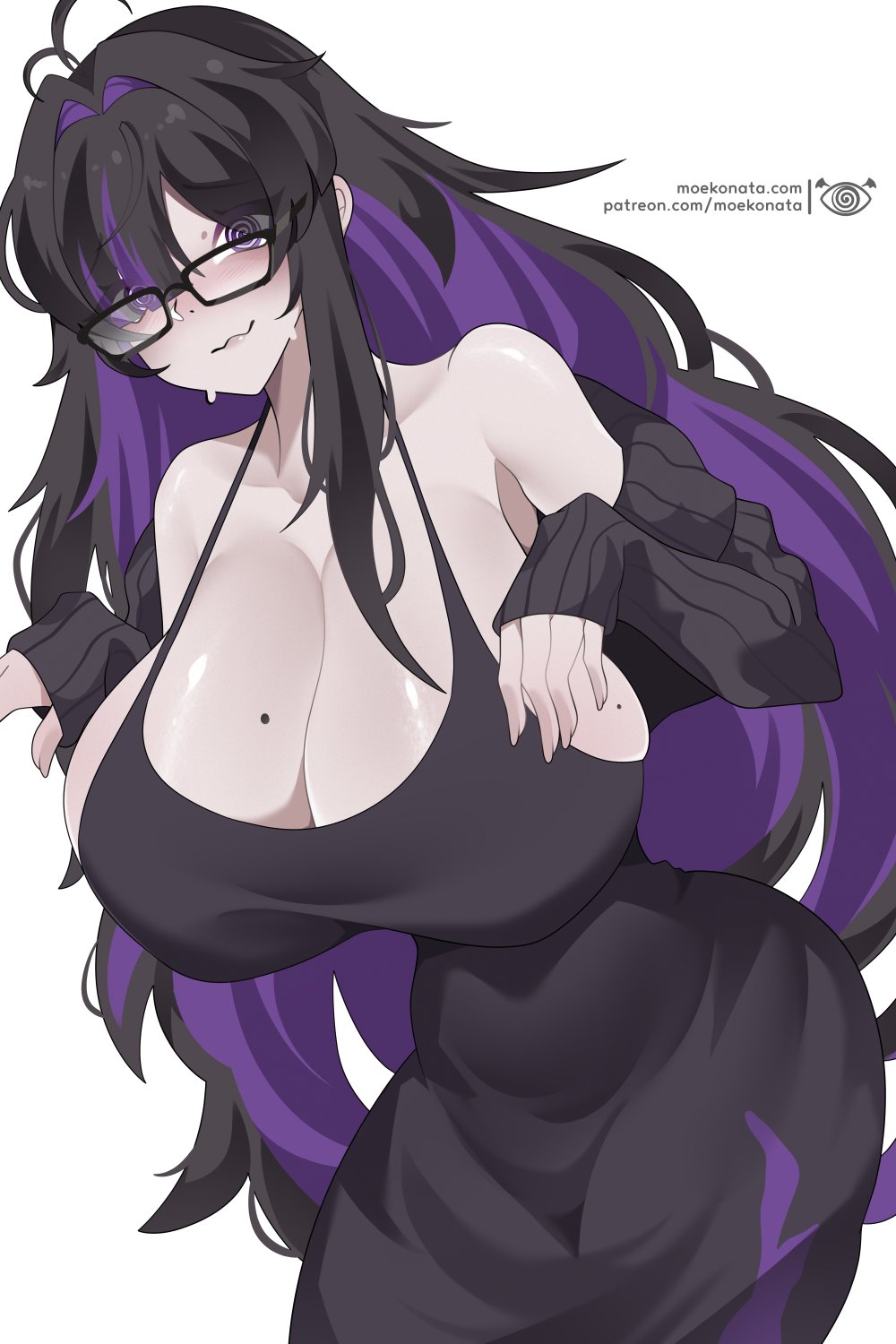 :3, 1girls, 2026, big breasts, black hair, blush, breasts, clothed, clothing, color, colored, dress, female, female only, glasses, goddess of victory: nikke, hair, hair over one eye, hi res, huge breasts, label (nikke), large breasts, light skin, light-skinned female, long hair, looking at viewer, moekonata, purple eyes, purple hair, simple background, solo, sweat, sweatdrop, video game, video game character, video games, white background