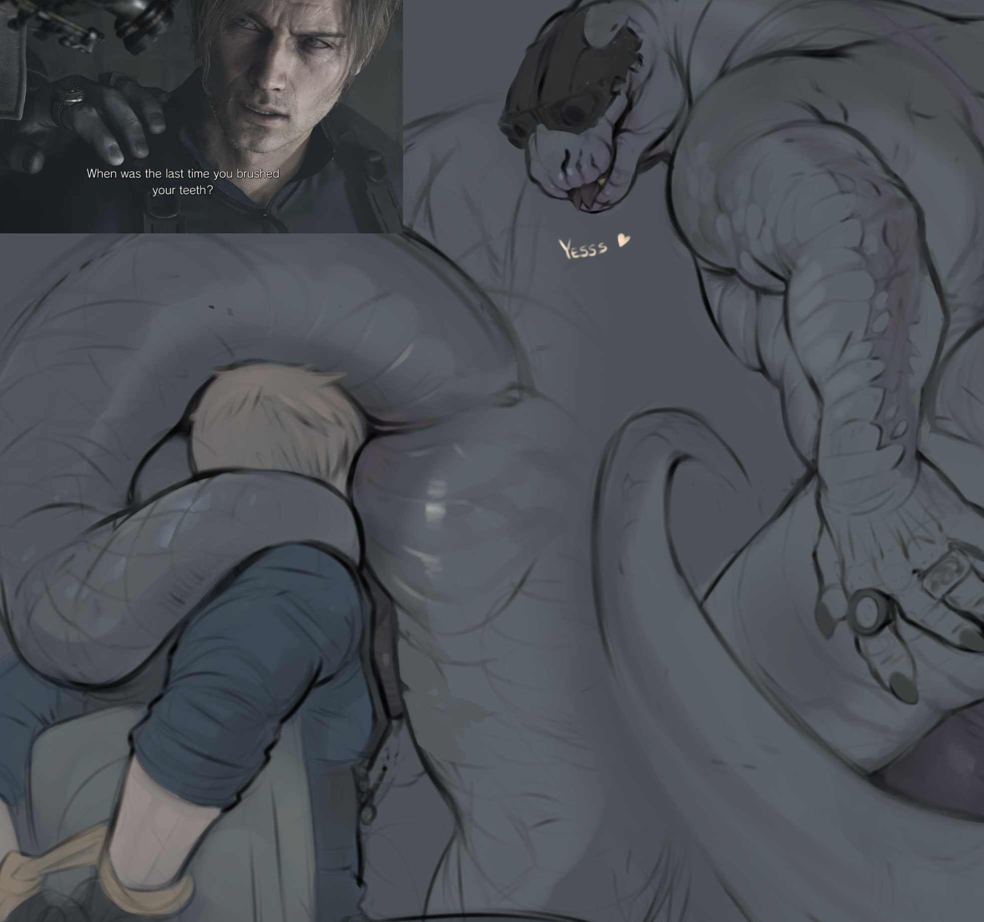 2026, 2boys, 2d, 2d (artwork), anthro, ass, bent over, blonde hair, boner, capcom, chair, clothed, clothed male, clothed male nude male, clothing, dialogue, english text, forked tongue, gay, grey body, grey skin, hands tied, happy, human, human on anthro, leon scott kennedy, lizard, long tail, male only, male/male, naked, nude, presenting, presenting hindquarters, reptile, resident evil, resident evil 9: requiem, rimjob, rimming, rope, rule 46, scales, scalie, screenshot, short hair, sitting, smile, tan body, tan skin, text, tojo-the-thief, tongue, tongue out, victor gideon, video games