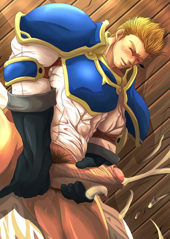 1boy armor bara big_penis blonde_hair closed_eyes cum cumshot fake_iron fire_emblem fire_emblem:_path_of_radiance fire_emblem:_radiant_dawn gatrie_(fire_emblem) gay male male_only masturbation multiple_males muscle muscles muscular muscular_male yaoi