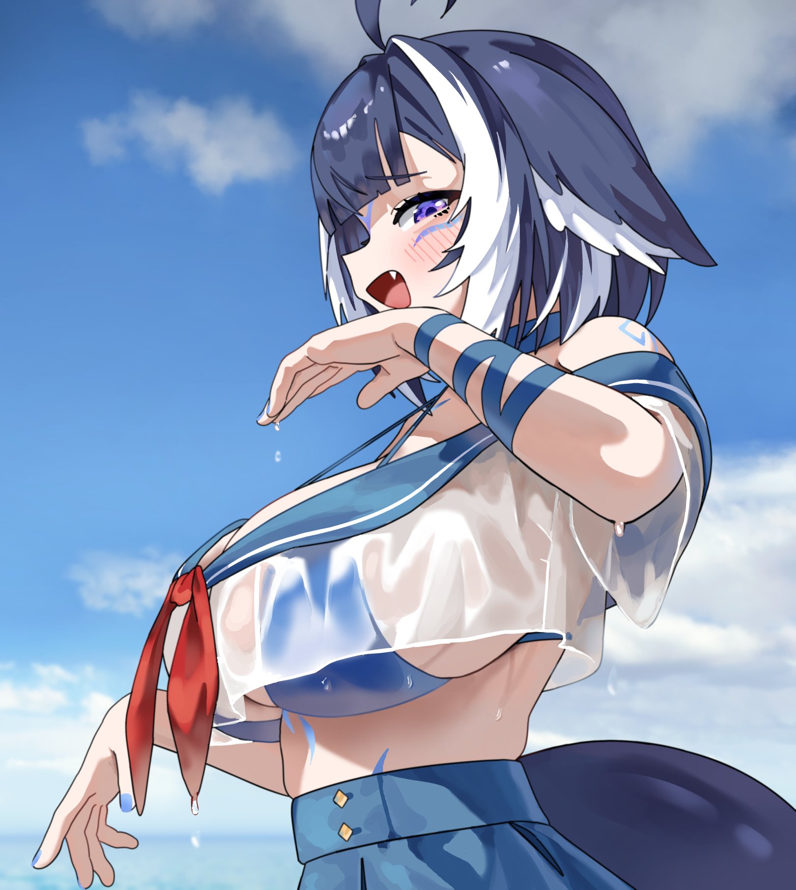 1girl, 1girls, ahoge, animal ears, arm ribbon, bikini, bikini under clothes, black hair, blue bikini, blue ribbon, blue sailor collar, blue sky, blush, bow, bowtie, breasts, cat ears, cetacean tail, cloud, commentary, covered underboob, crop top, crop top overhang, cropped shirt, day, english commentary, fang, female, fins, fish tail, from side, gurumie, hand up, heart, highres, indie virtual youtuber, light skin, light-skinned female, looking at viewer, looking to the side, multicolored hair, off shoulder, open mouth, orca girl, outdoors, purple eyes, raised inner eyebrows, red bow, red bowtie, ribbon, sailor collar, sailor shirt, school uniform, see-through clothes, see-through shirt, shirt, shylily, shylily (1st costume), sideways glance, sky, solo, streaked hair, swimsuit, tail, upper body, virtual youtuber, vtuber, water drop, wet, wet clothes, wet shirt, white shirt, white streaks