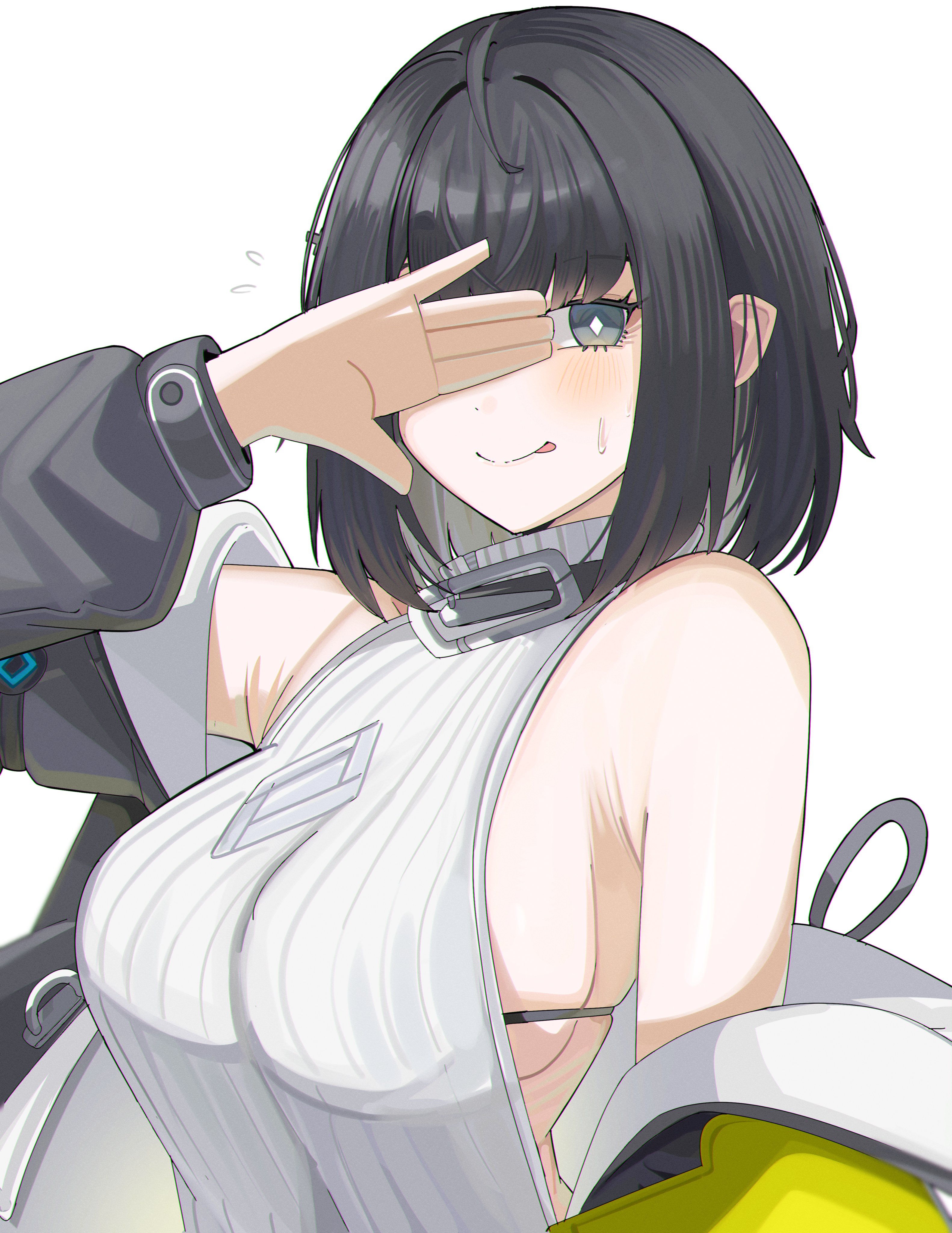 1girls, arknights, arknights: endfield, blush, breasts, endministrator (arknights: endfield), enlarged breasts, female endministrator (arknights: endfield), hand covering face, shy, spm, spm4747