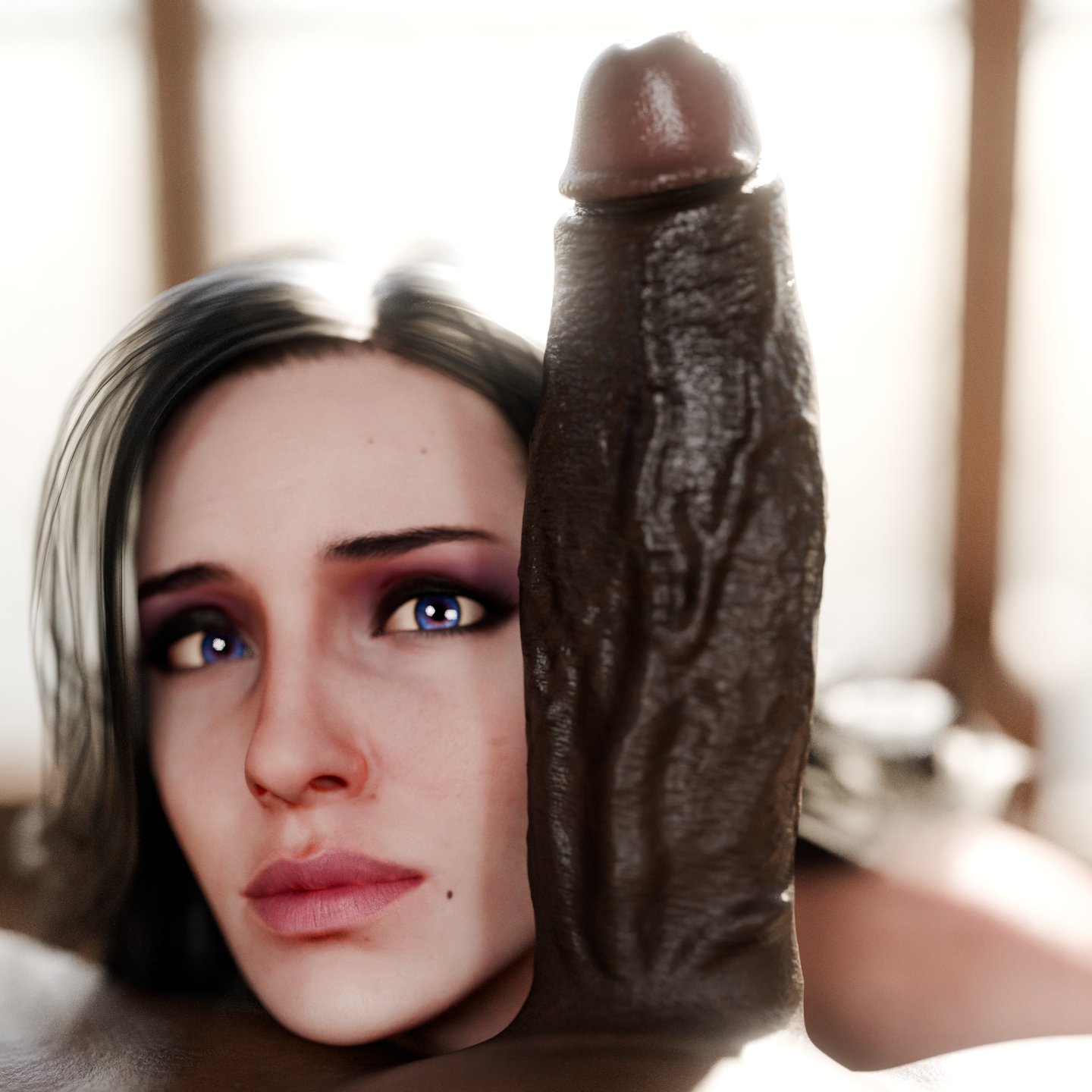 1boy, 1girls, 3d, beauty mark, big penis, cd projekt red, cock, dark skin, dark-skinned male, derpderp, duo, eye contact, eyeshadow, female, green eyes, huge cock, interracial, light skin, light-skinned female, looking at partner, looking at viewer, male, male pov, male/female, mole, mole under mouth, penis, pov, pov eye contact, straight, the witcher (series), the witcher 3: wild hunt, veiny penis, violet eyes, yennefer
