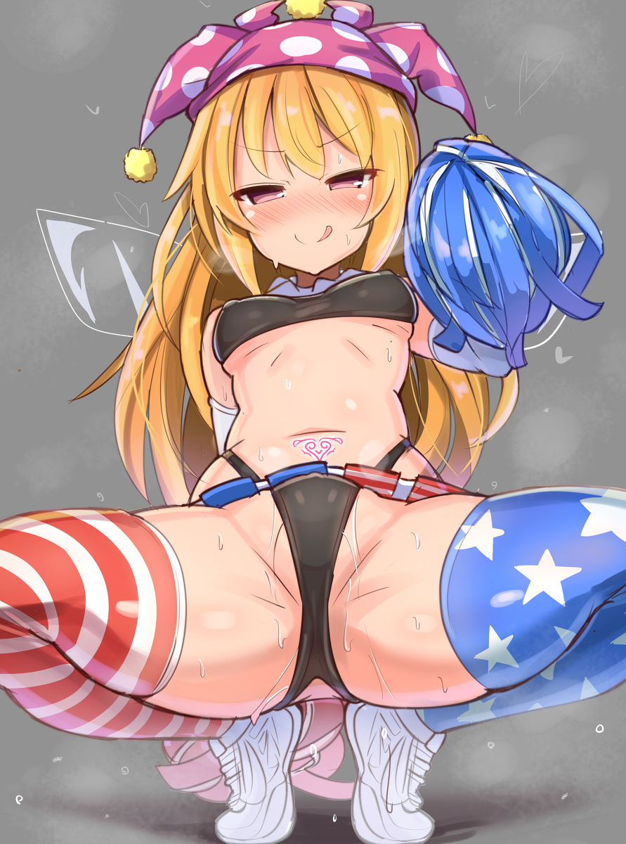 1girls, american flag legwear, blonde hair, blush, cheerleader, cheerleader outfit, cheerleader uniform, clownpiece, fairy, fairy wings, gloves, hat, heart symbol, jakko, jester hat, licking lips, panties, pom poms, shoes, solo, sweating, tattoo, thighhighs, thong, touhou, wet pussy